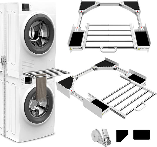 NIUXX Telaio intermedio con stendibiancheria, telaio di collegamento lavatrice asciugatrice universale, kit telaio intermedio con portasciugamani estensibile, misura regolabile (53-68 cm)