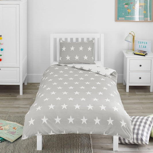 Bloomsbury Mill - Set Copripiumino Singolo Bambino e Bambina - Grigio & Bianco Stelle - Lenzuola Letto Singolo Reversibile - Set di Biancheria da Letto per Bambini - 135x200cm e Federe