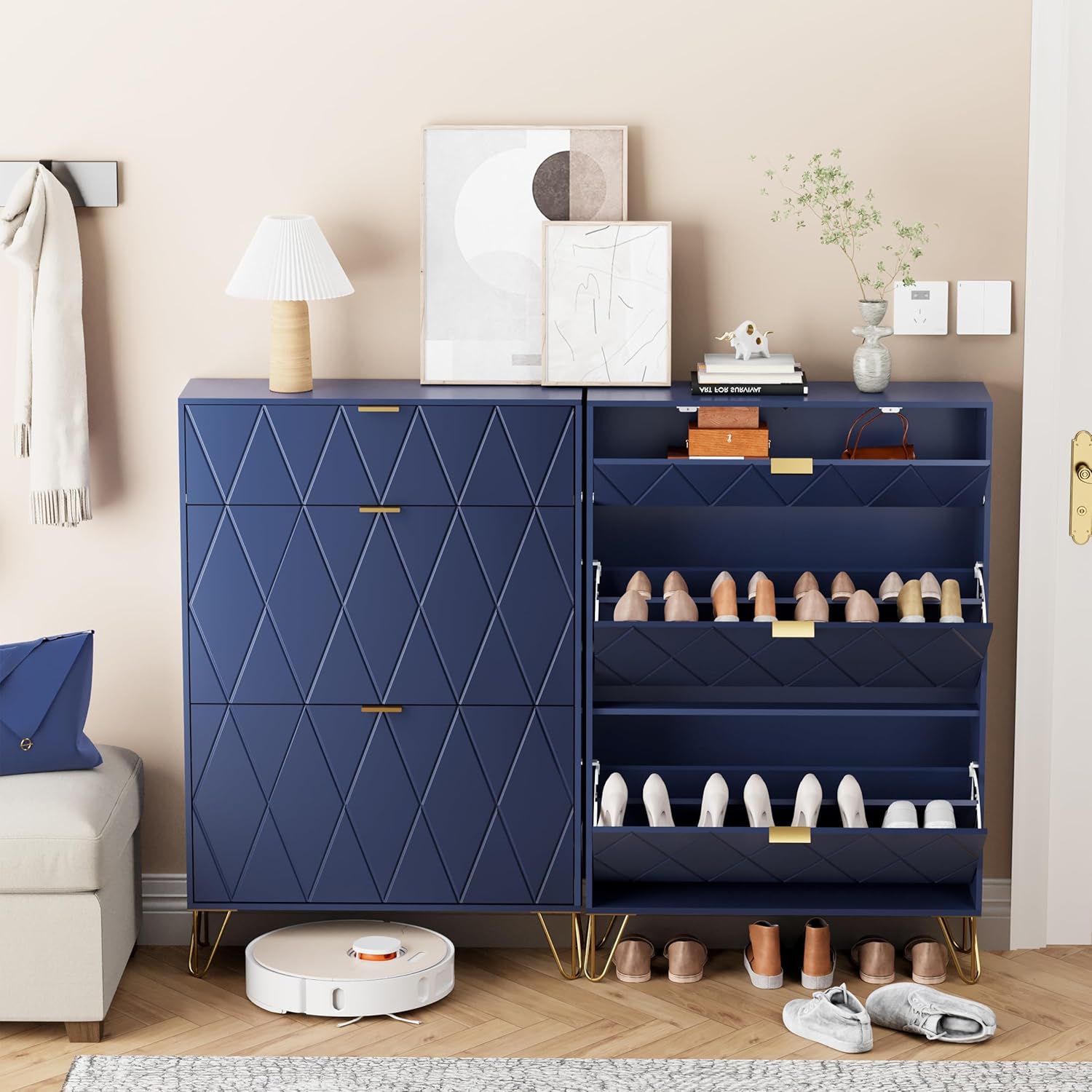 UEV Scarpiera Salvaspazio Slim in Legno Ingegnerizzato, Scarpiera Ingresso da Portascarpe con 3 Ante a Ribalta, Porta Scarpe per 16 Paia, 80 x 24 x 120 cm, Blu