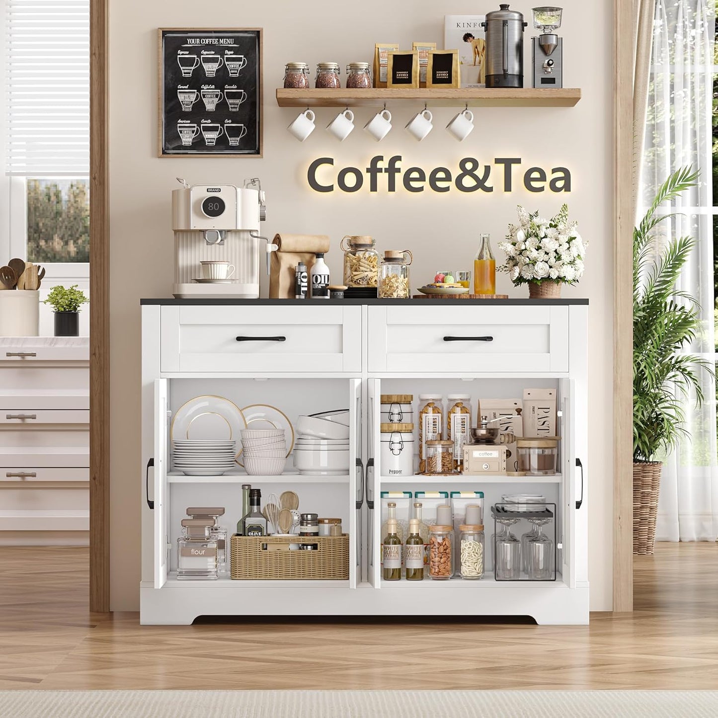 HOCSOK Credenza Cucina, Mobile Dispensa con 4 Ante e 2 Cassetti, Armadietto Organizzatore per Cucina e Soggiorno 120x40x87 cm, Nero