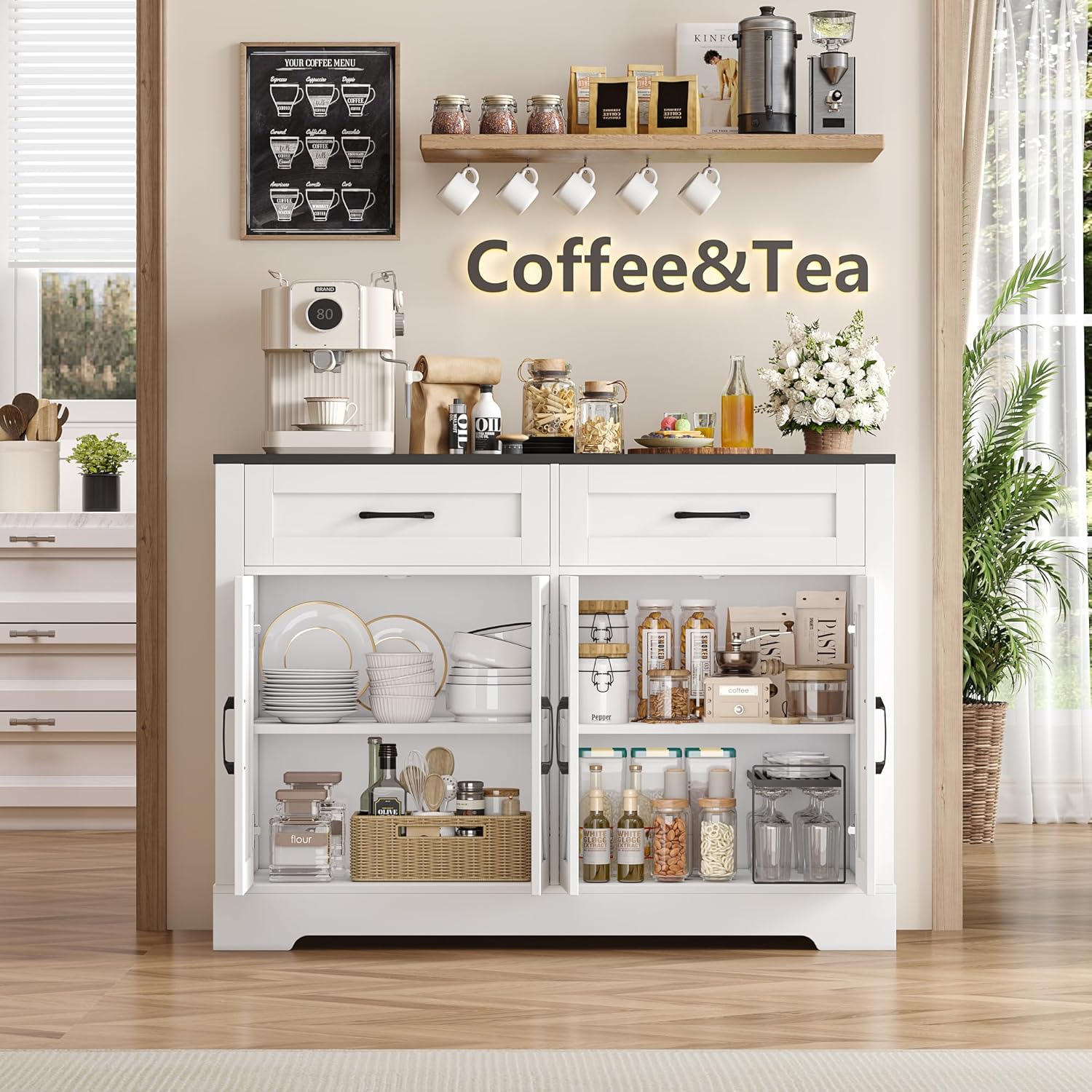 HOCSOK Credenza Cucina, Mobile Dispensa con 4 Ante e 2 Cassetti, Armadietto Organizzatore per Cucina e Soggiorno 120x40x87 cm, Nero