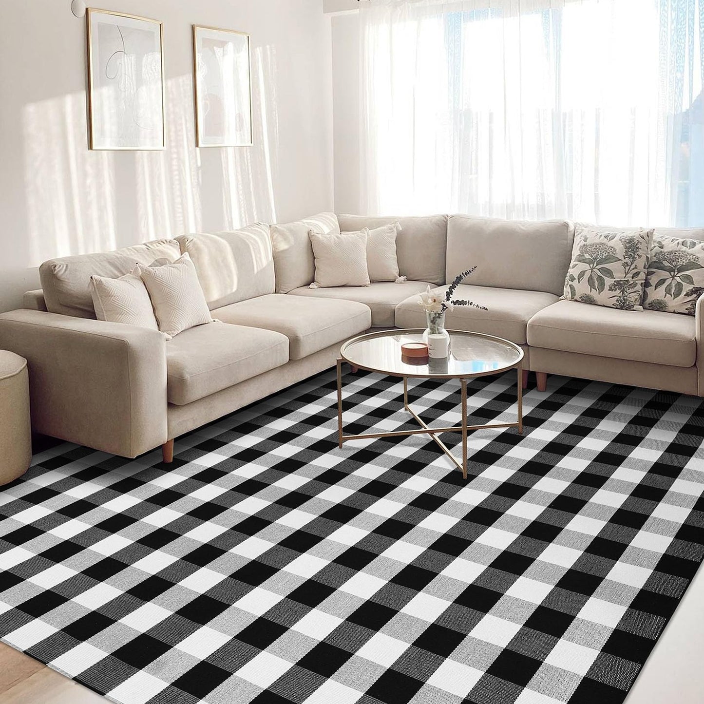 KOZYFLY Tappeto a righe bianche e nere, 60 x 90 cm, in cotone, lavabile, per interni ed esterni, per portico, cucina, fattoria