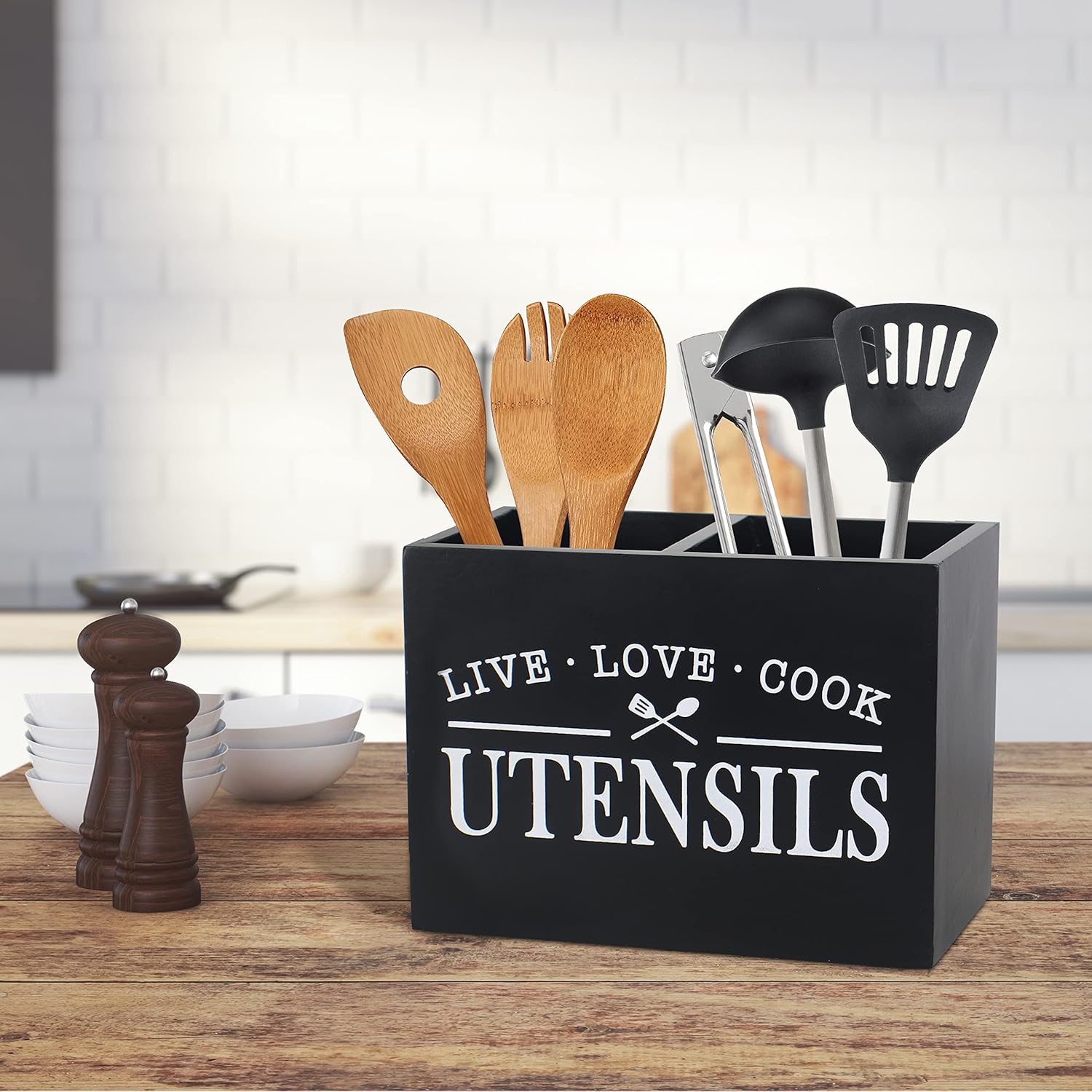 Karisky Portautensili da cucina con fondo rimovibile, grande 2 scomparti, organizer per utensili da fattoria, per decorazione da piano di lavoro, 22,9 x 17,8 x 12,7 cm, nero