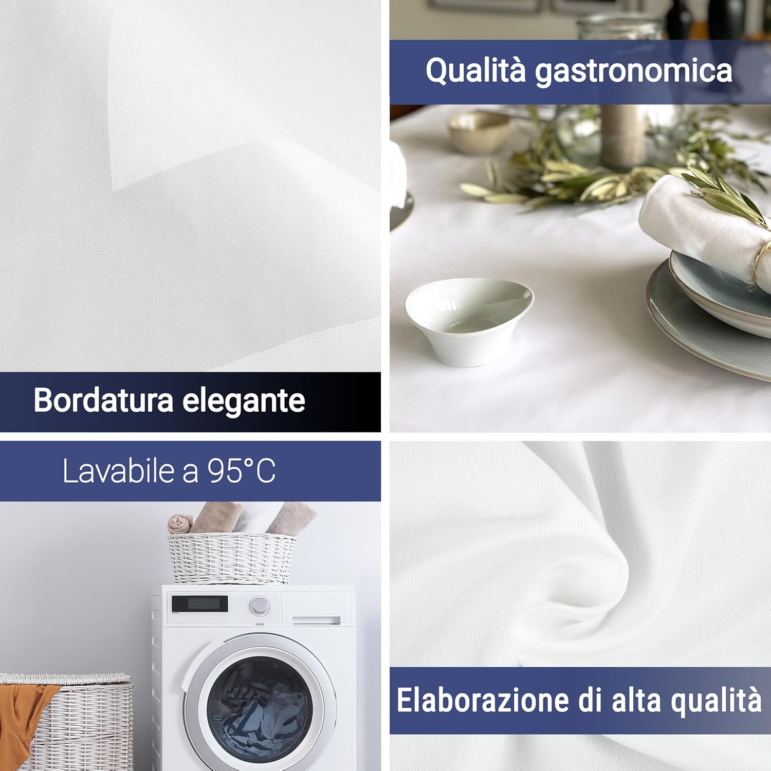 Tovaglia elegante in 140x240 cm (dopo il primo lavaggio) - Copritavola robusto e di lunga durata in cotone - lucentezza di seta con bordatura - lavabile a 95°C - bianca