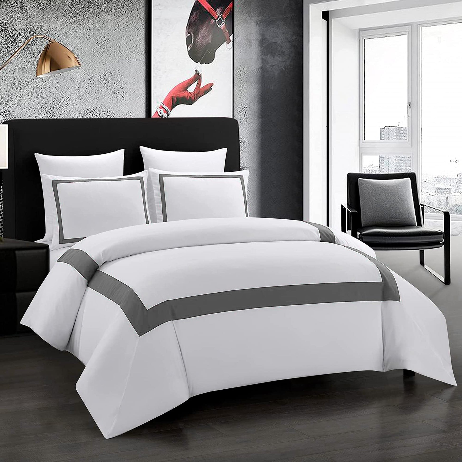 OSVINO Copripiumino Matrimoniale 240x220 cm e 2 Federe 50x75 Biancheria da Letto Bianco e Nero Microfibra Set Copripiumino Hotel Stripe Morbida Confortevole