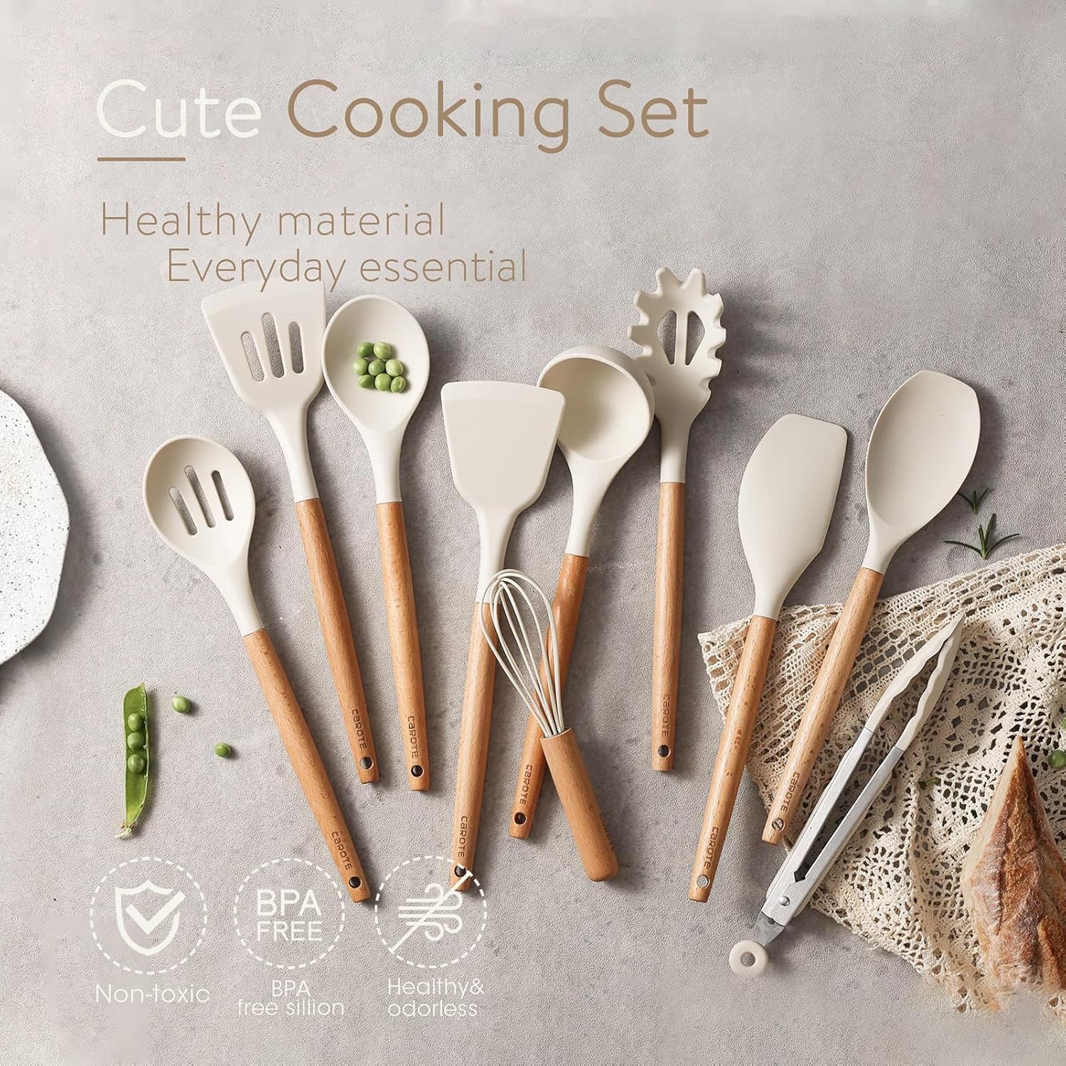 CAROTE Utensili Cucina Silicone 10 pezzi, Utensili da cucina antiaderenti resistenti al calore con manico,Cucchiai, palette e spatole in legno per cucinare,cuocere al forno, senza BPA, Lavastoviglie