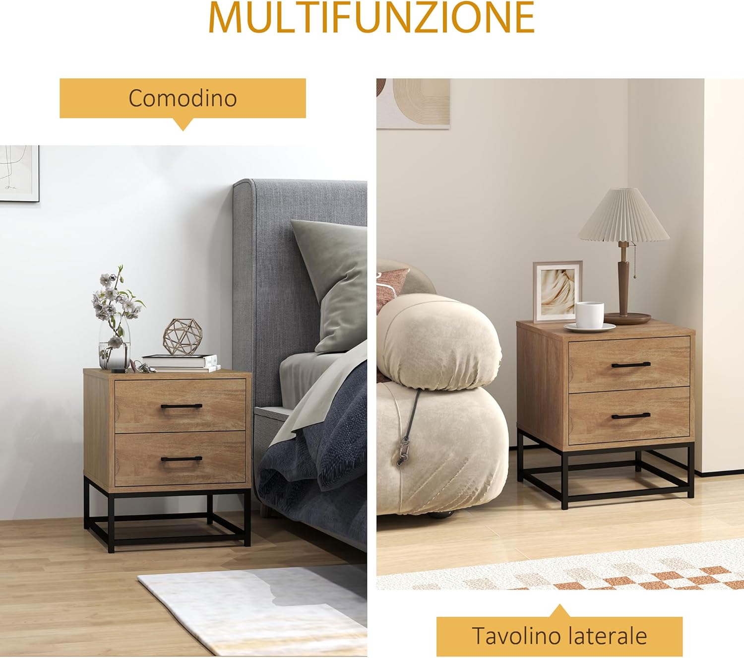 HOMCOM Set di 2 Comodini Camera da Letto con 2 Cassetti, Coppia di Comodini Stile Industriale in Legno e Acciaio, Tavolini per Divano, Soggiorno, Salotto e Camera, 40x39.5x48 cm, Colore Legno