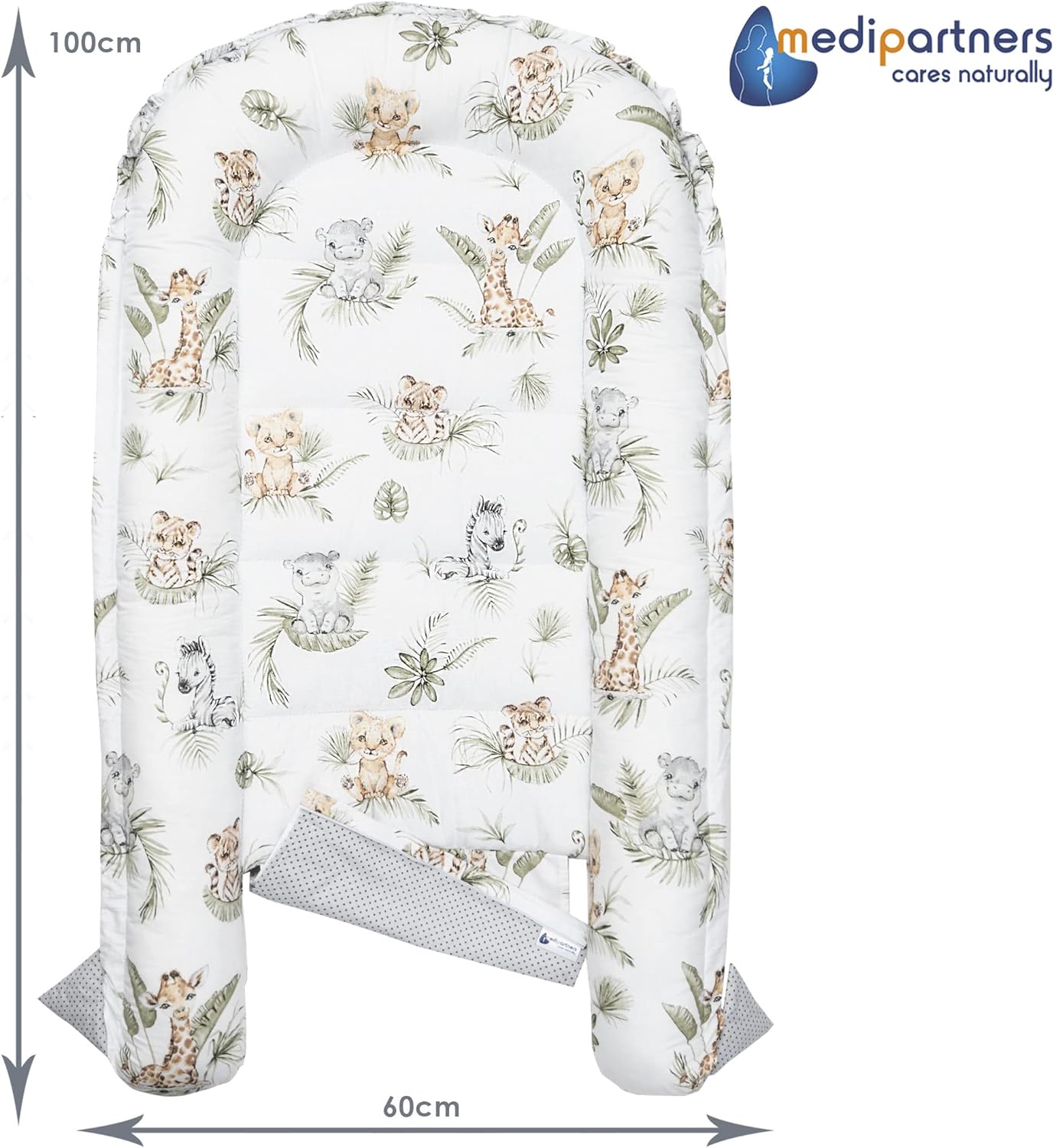 Medi Partners 5-Parti Nido per Bebè 100x60x15 Inserto Rimovibile Letto Cuscino Coperta bambini neonati 100% Cotone (Safari con Minky beige)