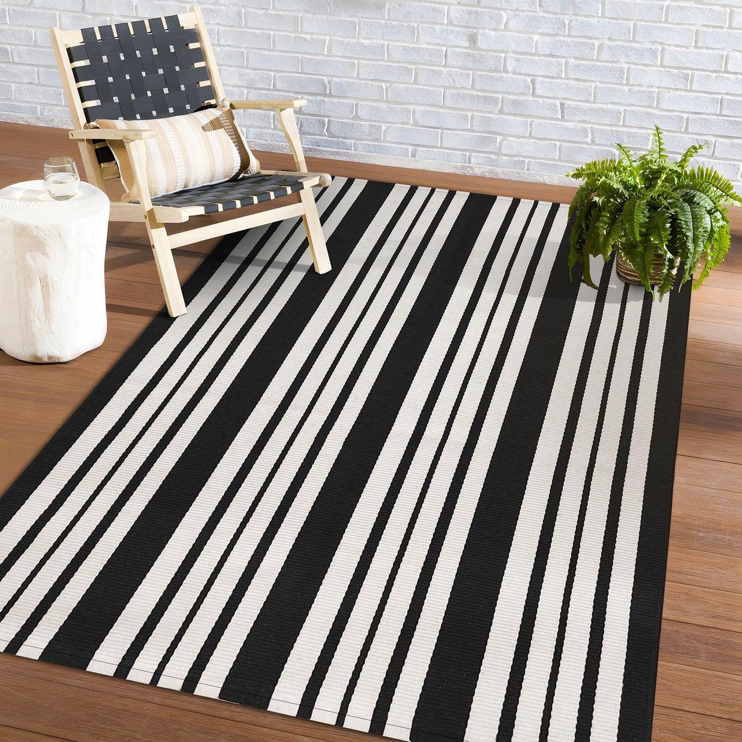 KOZYFLY Tappeto a righe bianche e nere, 60 x 90 cm, in cotone, lavabile, per interni ed esterni, per portico, cucina, fattoria