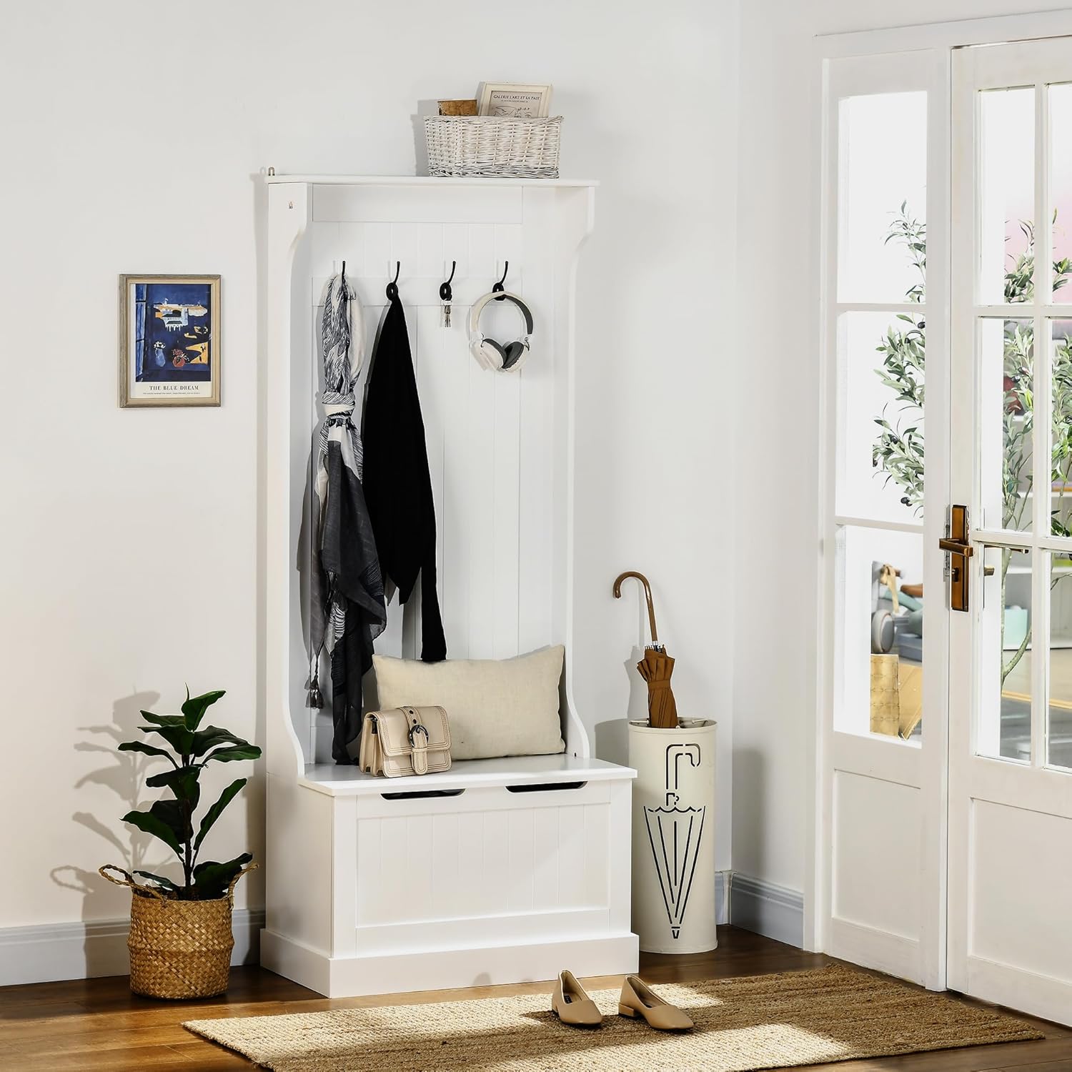 HOMCOM 3 in 1 Appendiabiti da Ingresso con Scarpiera, Attaccapanni da Terra Salvaspazio con 4 Ganci e Panca Contenitore, in MDF, per Corridoio, Camera da Letto, 71.5x39.5x170 cm, Bianco