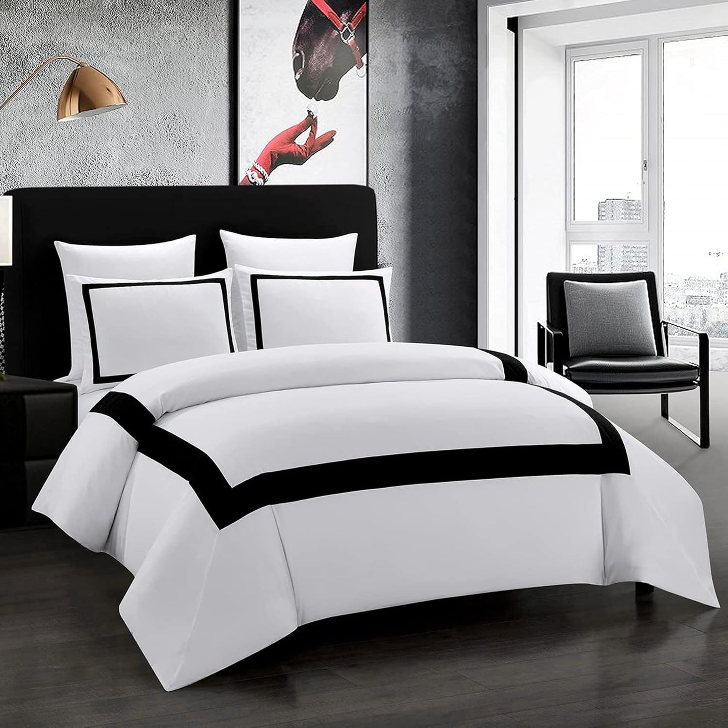 OSVINO Copripiumino Matrimoniale 240x220 cm e 2 Federe 50x75 Biancheria da Letto Bianco e Nero Microfibra Set Copripiumino Hotel Stripe Morbida Confortevole