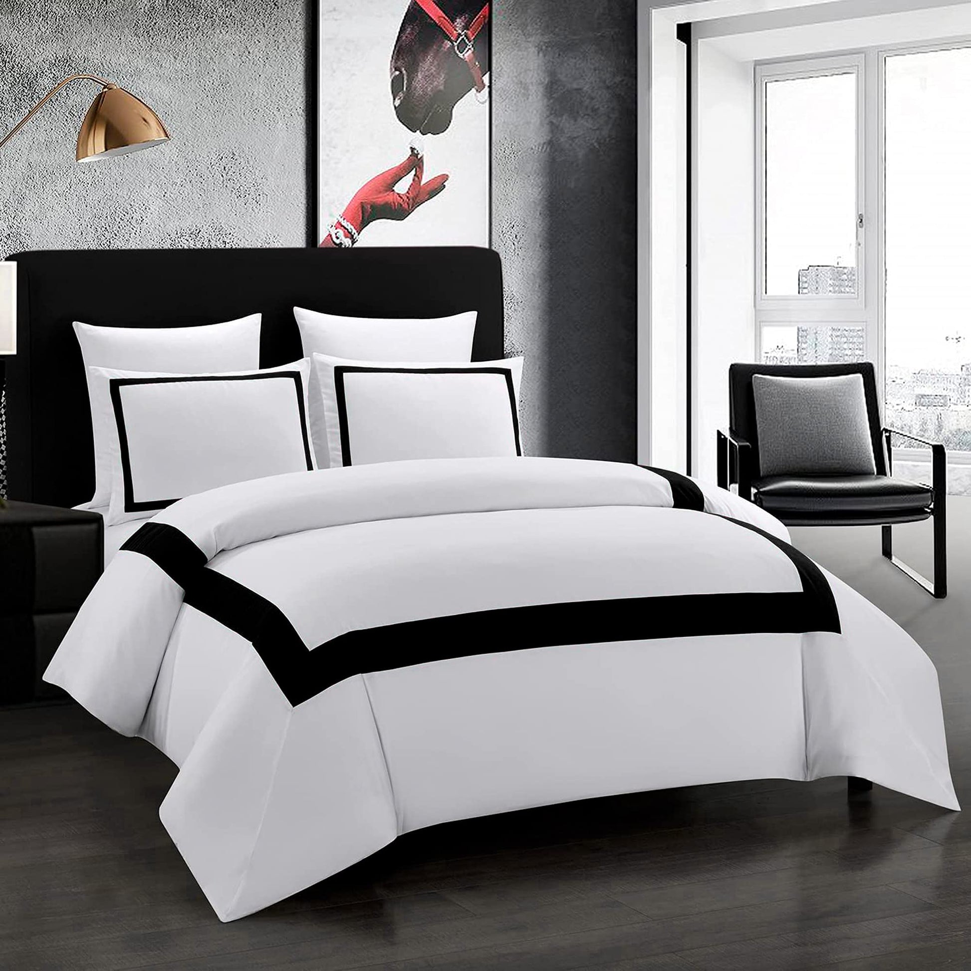 OSVINO Copripiumino Matrimoniale 240x220 cm e 2 Federe 50x75 Biancheria da Letto Bianco e Nero Microfibra Set Copripiumino Hotel Stripe Morbida Confortevole