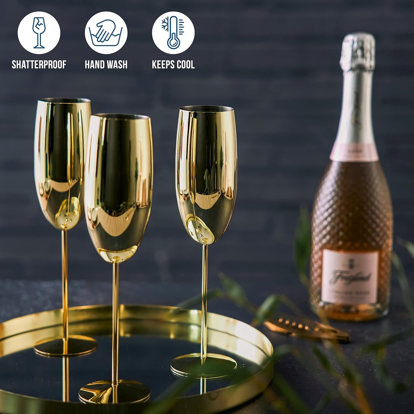 Oak & Steel - 4 Eleganti Calici da Champagne, 285 ml. In Acciaio Inossidabile Dorato - Ideale al Chiuso o All'aperto in Giardino, in Spiaggia, a Picnic, Barbecue, Campeggio e Gite in Barca