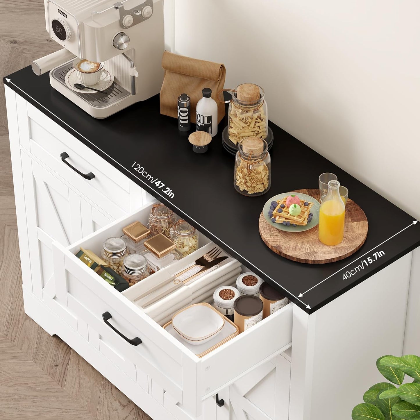 HOCSOK Credenza Cucina, Mobile Dispensa con 4 Ante e 2 Cassetti, Armadietto Organizzatore per Cucina e Soggiorno 120x40x87 cm, Nero