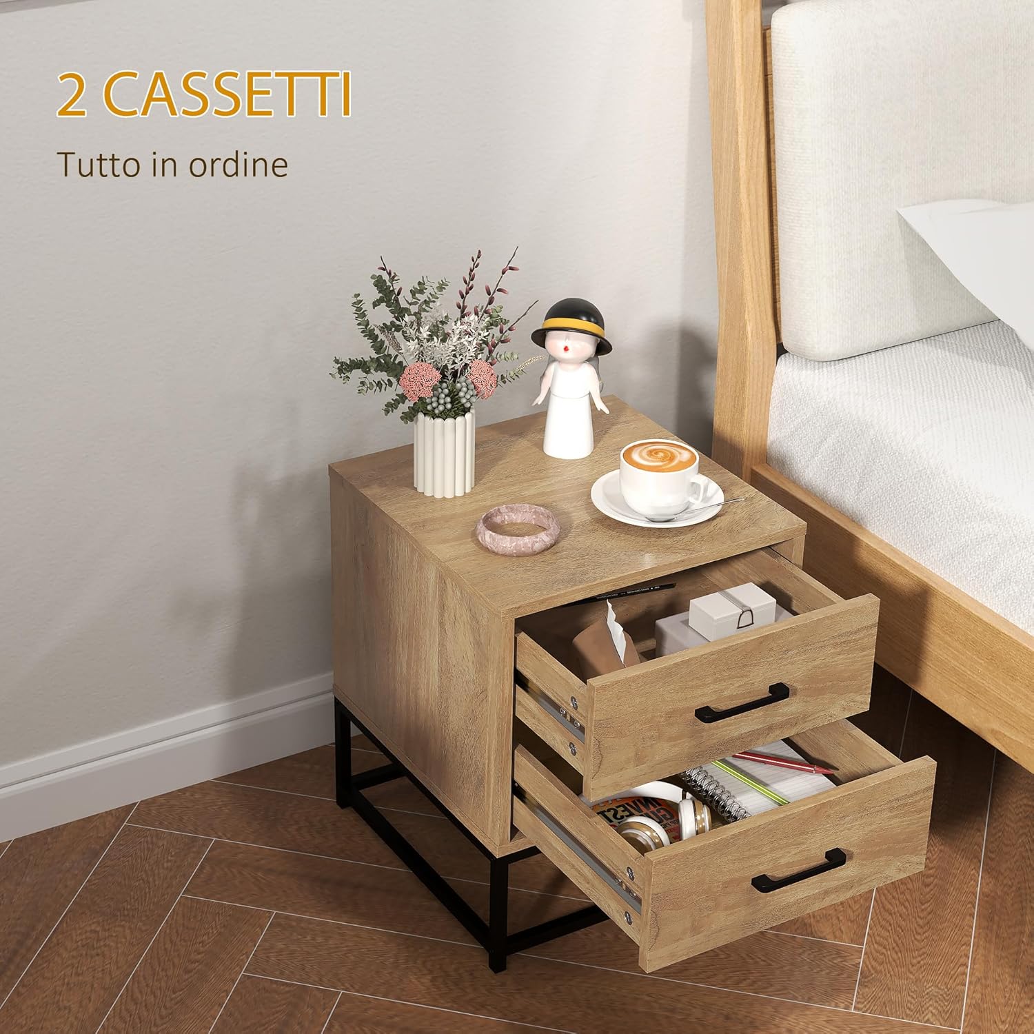 HOMCOM Set di 2 Comodini Camera da Letto con 2 Cassetti, Coppia di Comodini Stile Industriale in Legno e Acciaio, Tavolini per Divano, Soggiorno, Salotto e Camera, 40x39.5x48 cm, Colore Legno