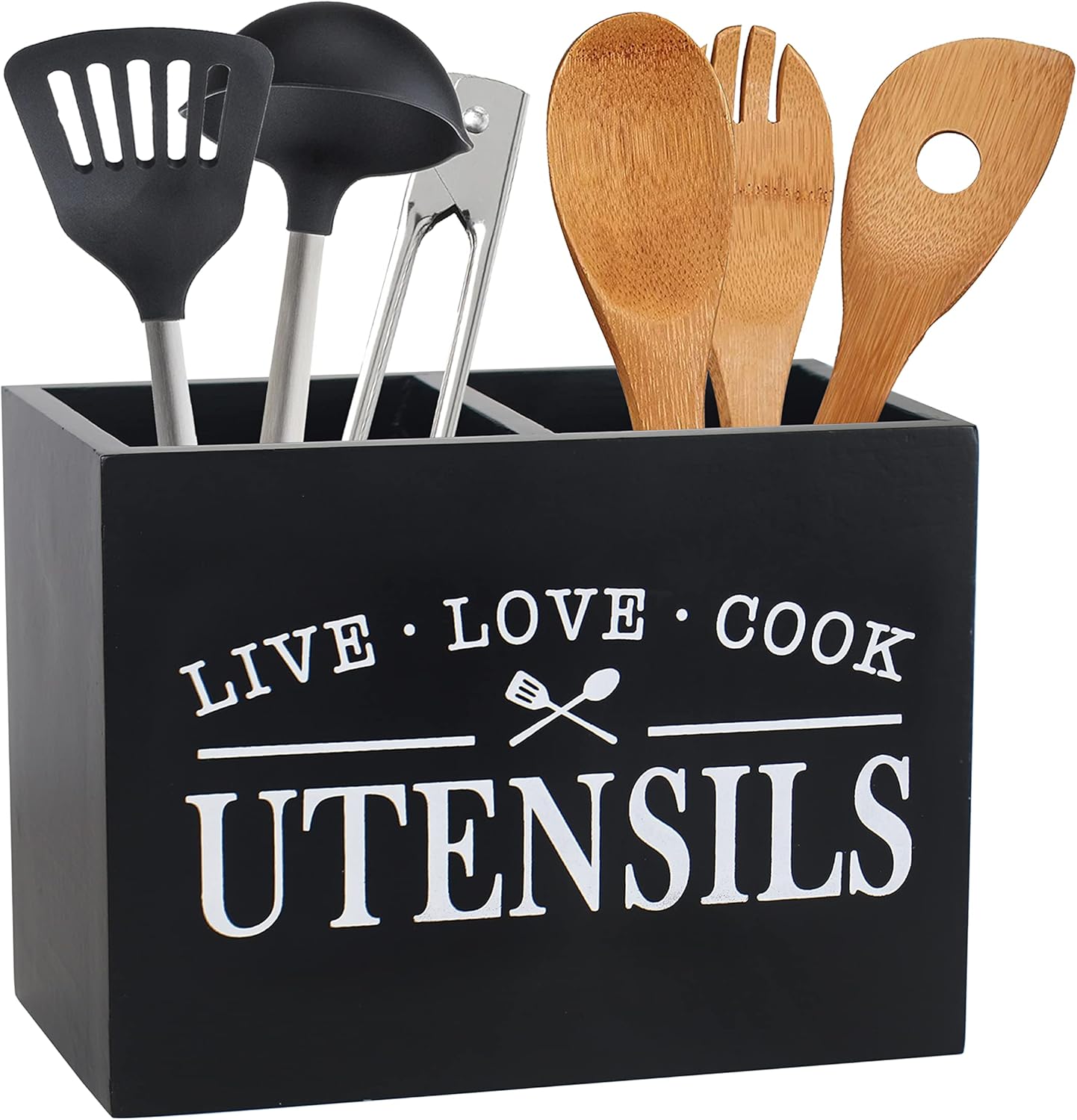 Karisky Portautensili da cucina con fondo rimovibile, grande 2 scomparti, organizer per utensili da fattoria, per decorazione da piano di lavoro, 22,9 x 17,8 x 12,7 cm, nero