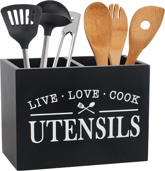 Karisky Portautensili da cucina con fondo rimovibile, grande 2 scomparti, organizer per utensili da fattoria, per decorazione da piano di lavoro, 22,9 x 17,8 x 12,7 cm, nero