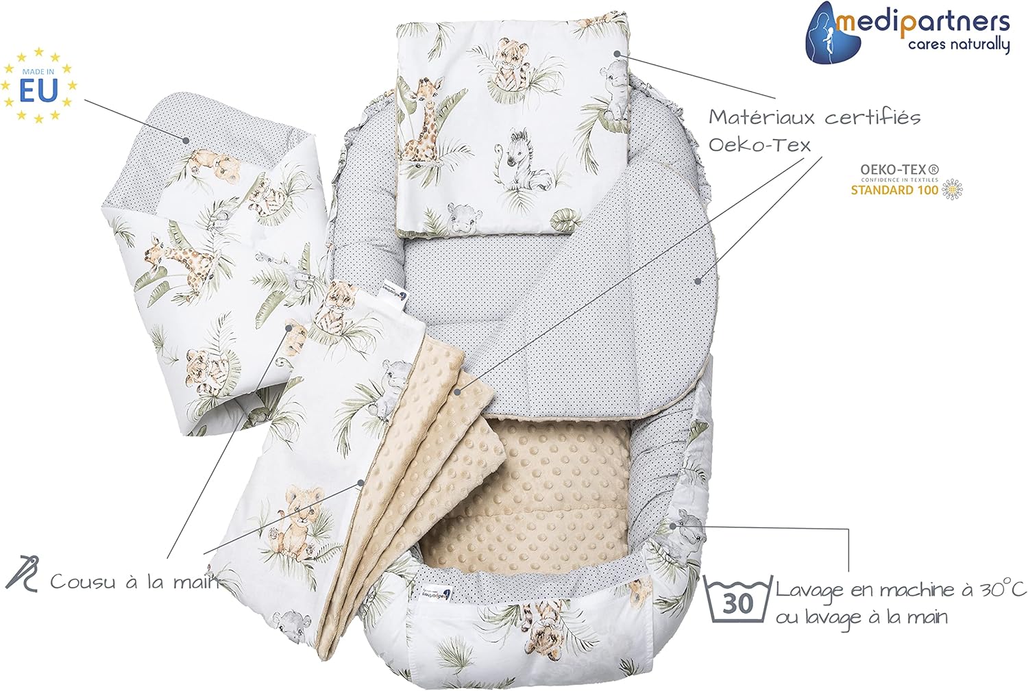Medi Partners 5-Parti Nido per Bebè 100x60x15 Inserto Rimovibile Letto Cuscino Coperta bambini neonati 100% Cotone (Safari con Minky beige)