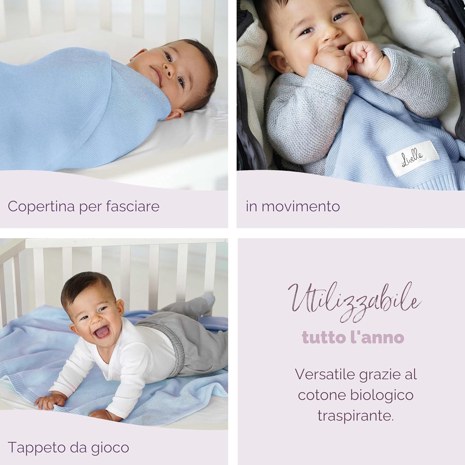 Livella Coperta per neonato e bambino cotone 100% biologico, coperta premium lavorata a maglia morbida e traspirante, ideale per la pelle delicata del bambino, OekoTEX Standard 100