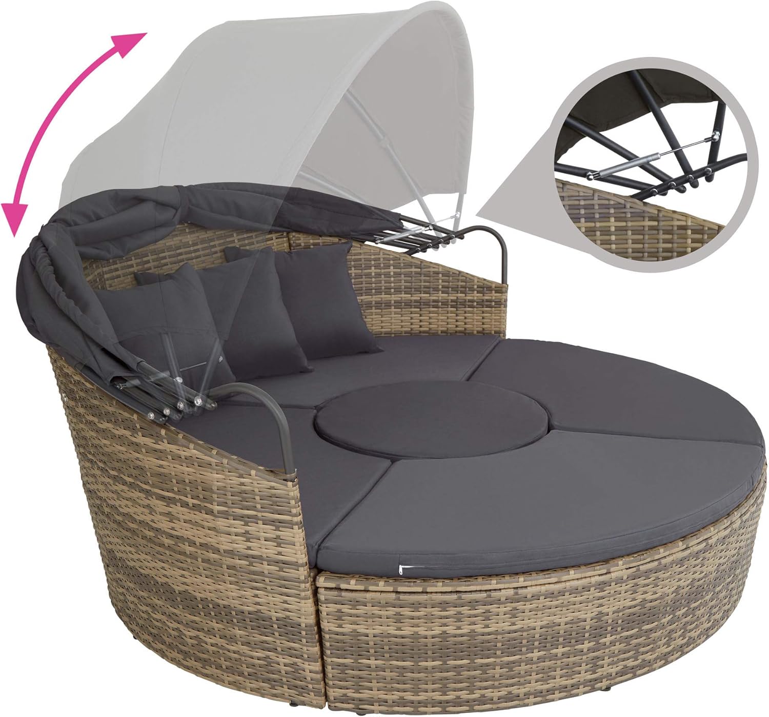 Isola Prendisole in Rattan Santorini, Isola Divano con Tettuccio Parasole Pieghevole, Morbidi Cuscini per Seduta e Schienale, Componibile, Resistente ai Raggi UV - Naturale