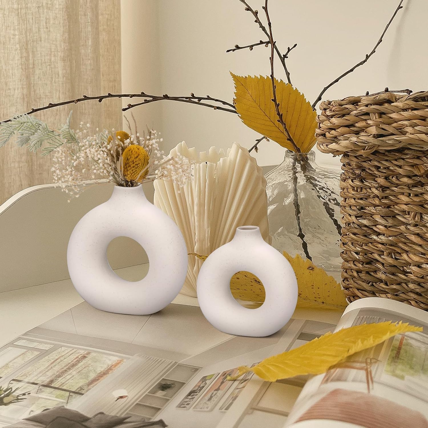 Set di 2 Vaso di Ceramica,Vase Decoratif Vaso Ceramica Rotondo da Fiori Decorativo in Stile Moderno per La Decorazione del Soggiorno Camera da Letto e Dell'ufficio