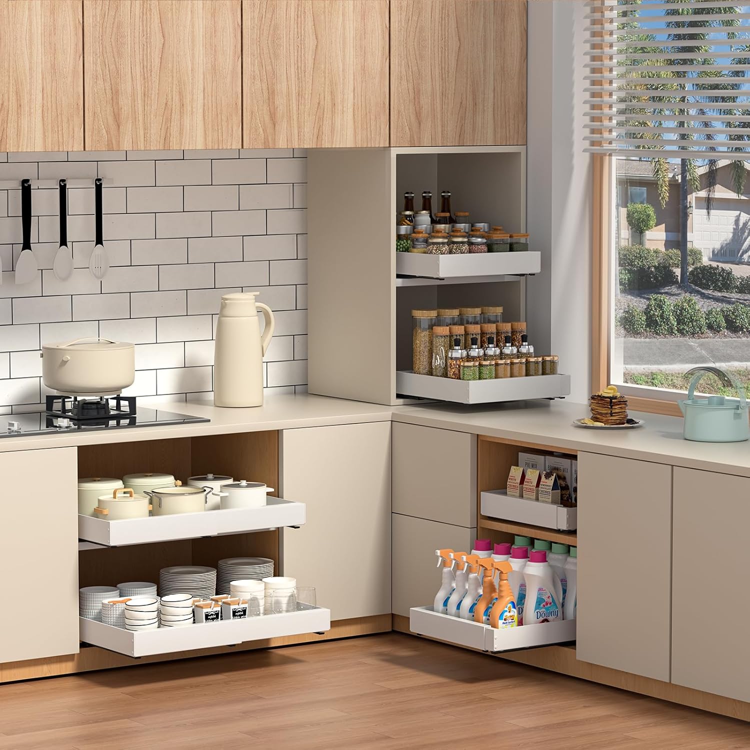 PNNP Cassetto Estraibile Cucina: Cassetti Telescopico Armadio - Cestelli Estraibili per Cucina a Larghezza Regolabile (32-53 cm L x 43 cm P x 7 cm A) - Nessuna Foratura | Bianco
