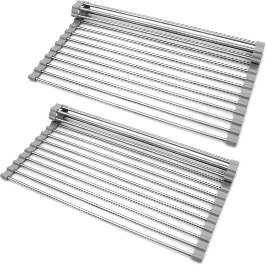 2 Pezzi Scolapiatti da Appoggio, Scolapiatti Pieghevole in Acciaio inox Sopra il Lavello della Cucina, Scolapiatti per Organizer Tappetino per Tazze, Spugne per Pulire,Frutta, Verdura(Grigio)