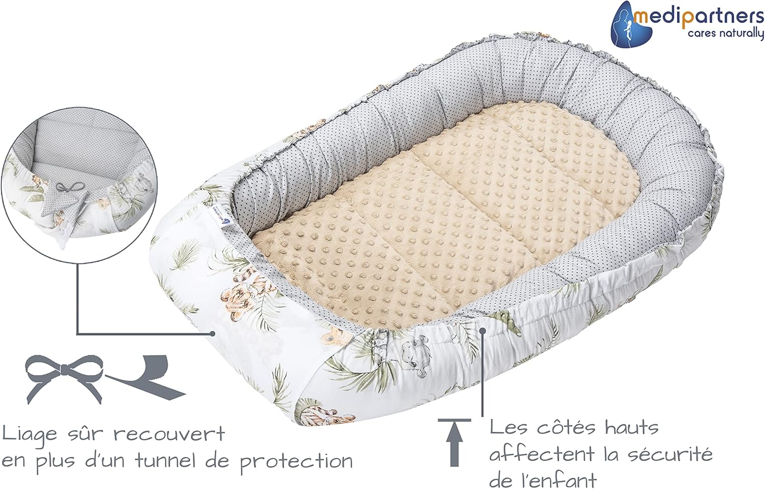 Medi Partners 5-Parti Nido per Bebè 100x60x15 Inserto Rimovibile Letto Cuscino Coperta bambini neonati 100% Cotone (Safari con Minky beige)