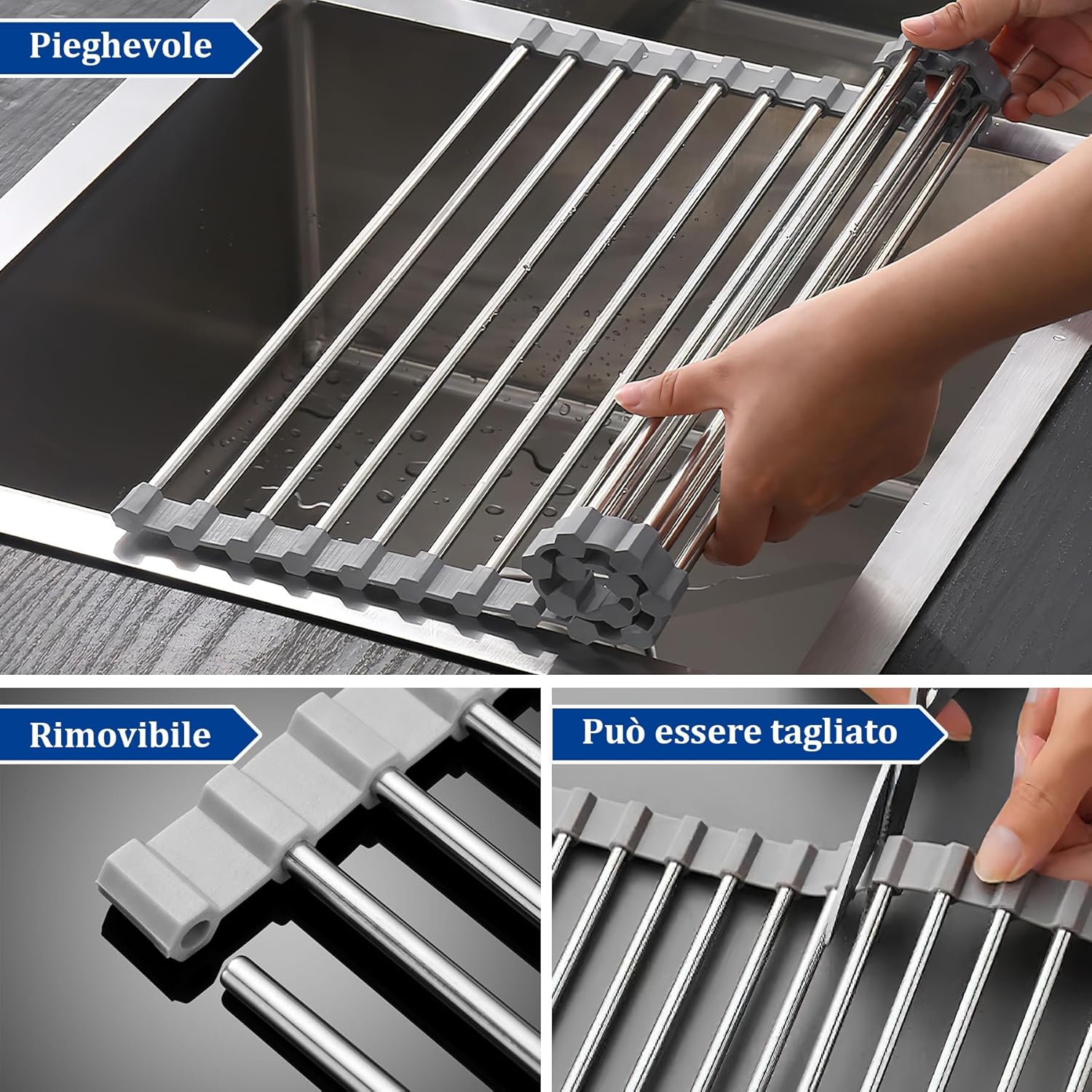 2 Pezzi Scolapiatti da Appoggio, Scolapiatti Pieghevole in Acciaio inox Sopra il Lavello della Cucina, Scolapiatti per Organizer Tappetino per Tazze, Spugne per Pulire,Frutta, Verdura(Grigio)