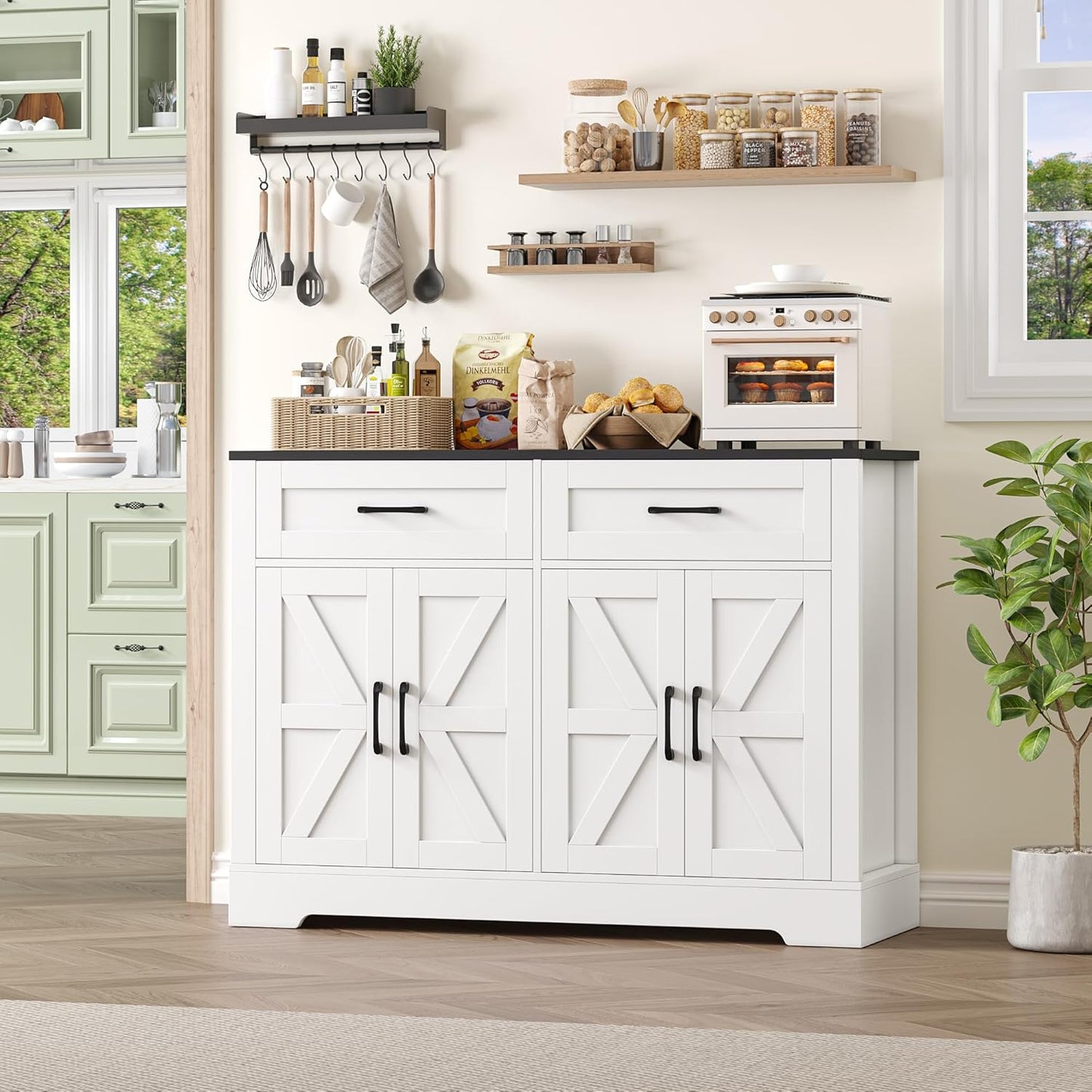 HOCSOK Credenza Cucina, Mobile Dispensa con 4 Ante e 2 Cassetti, Armadietto Organizzatore per Cucina e Soggiorno 120x40x87 cm, Nero