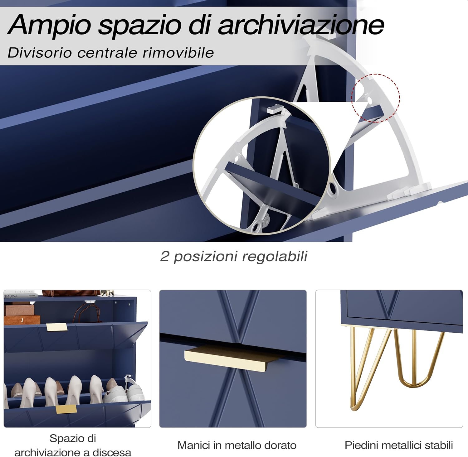 UEV Scarpiera Salvaspazio Slim in Legno Ingegnerizzato, Scarpiera Ingresso da Portascarpe con 3 Ante a Ribalta, Porta Scarpe per 16 Paia, 80 x 24 x 120 cm, Blu