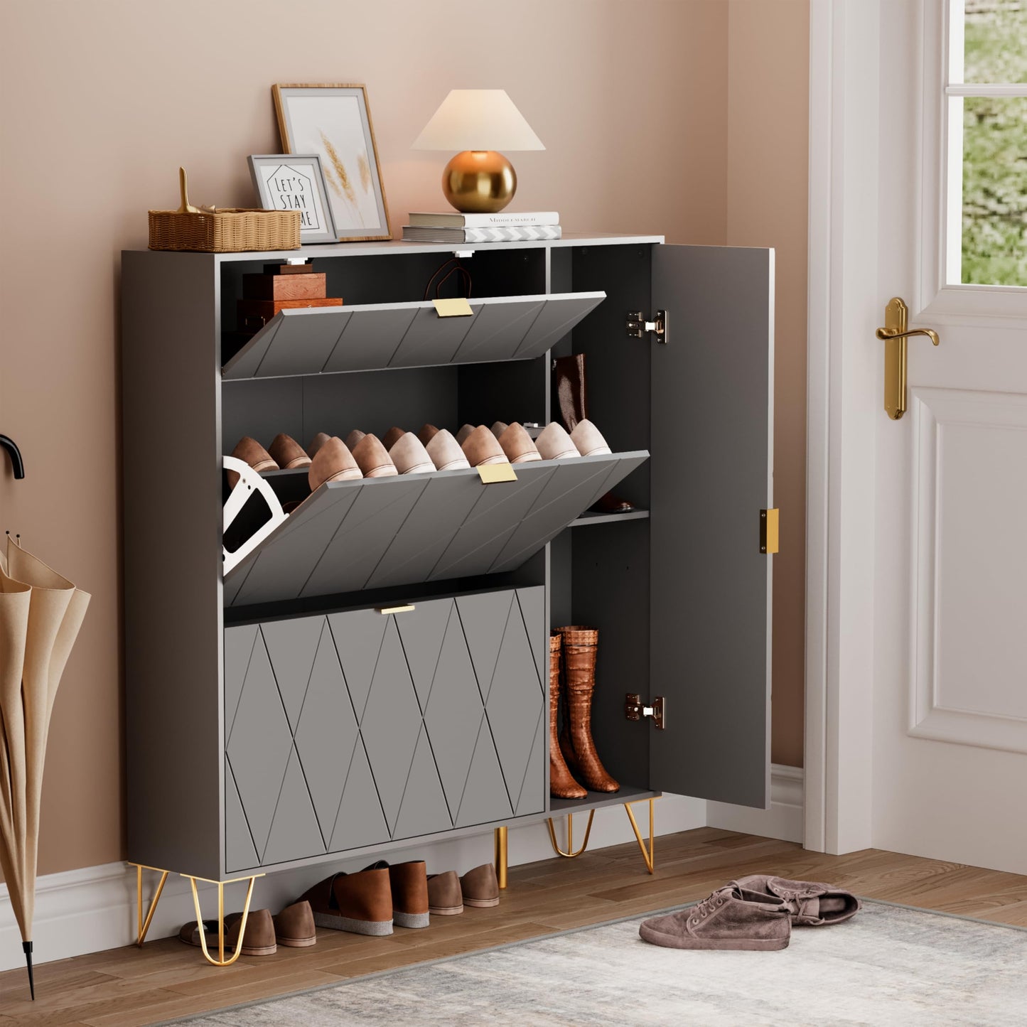 UEV Scarpiera Salvaspazio Slim in Legno Ingegnerizzato, Scarpiera Ingresso da Portascarpe con 3 Ante a Ribalta, Porta Scarpe per 16 Paia, 80 x 24 x 120 cm, Blu