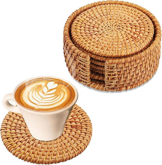 Set di sottobicchieri in rattan con supporto - Set da 6 sottobicchieri per bicchieri, tazze, bar - Sottobicchieri rotondi in sughero per bevande - Decorativi - Set di sottobicchieri in vetro