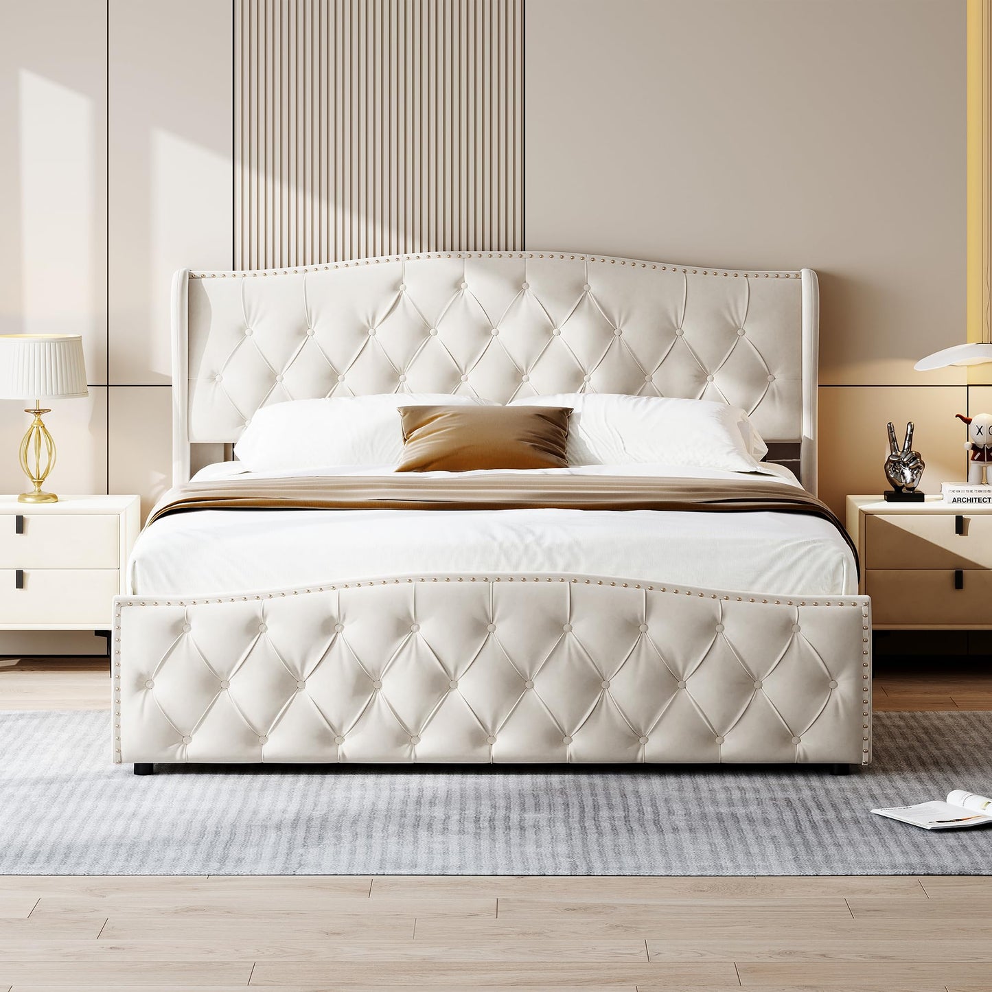 Letto baule 160 x 200 con rete, letto imbottito in velluto con letto matrimoniale, telaio letto imbottito con contenitore letto imbottito per adulti (Beige-B, 160 x 200 cm)
