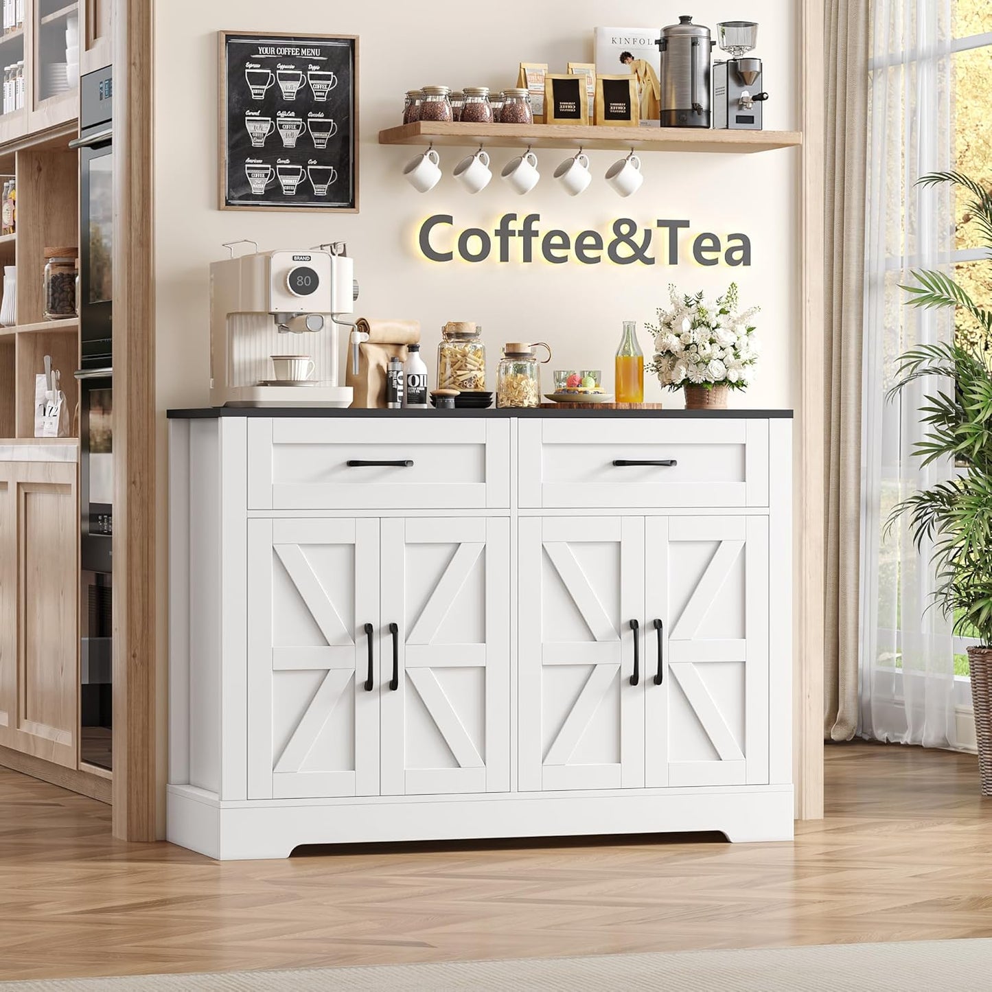 HOCSOK Credenza Cucina, Mobile Dispensa con 4 Ante e 2 Cassetti, Armadietto Organizzatore per Cucina e Soggiorno 120x40x87 cm, Nero