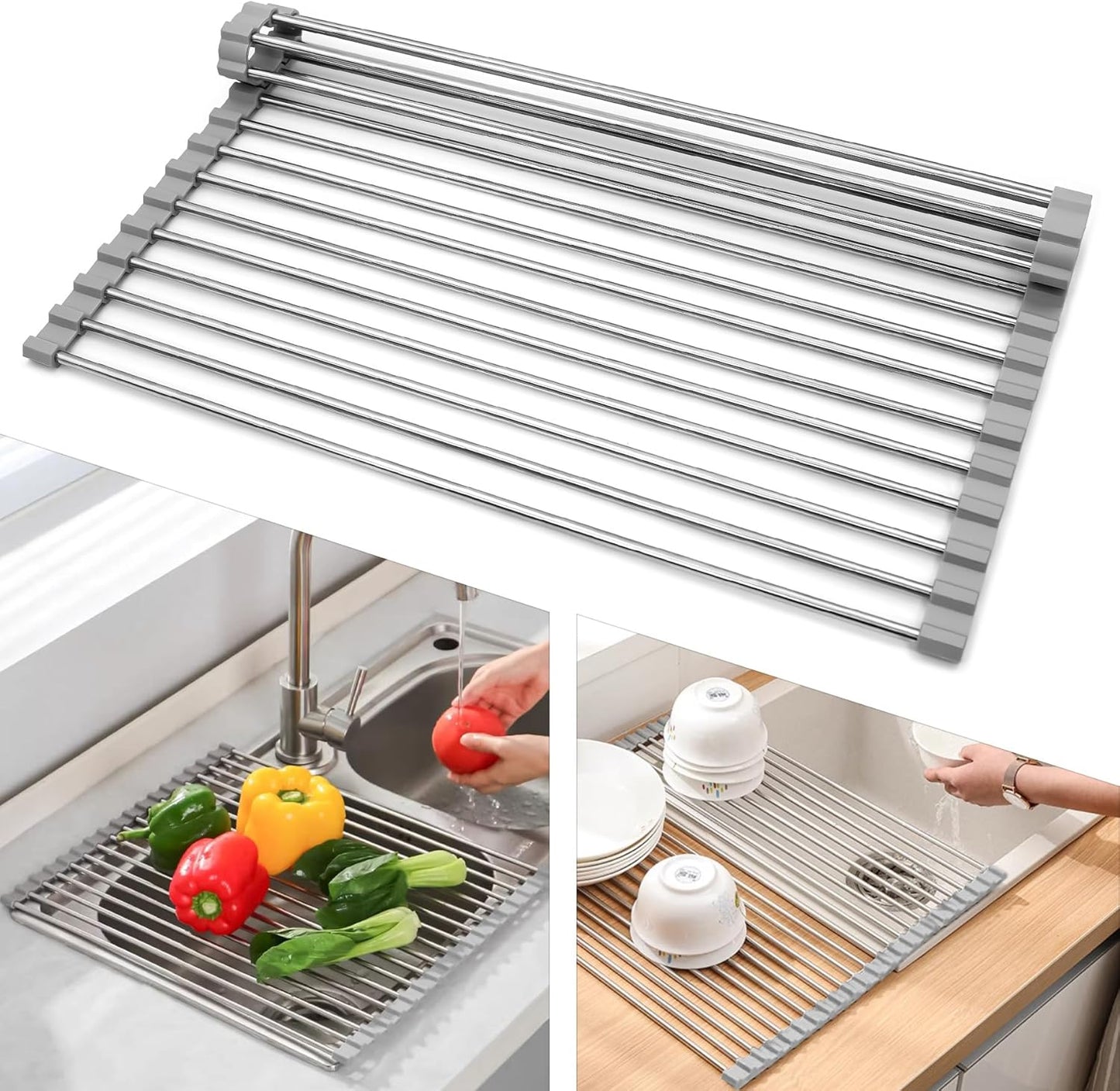 2 Pezzi Scolapiatti da Appoggio, Scolapiatti Pieghevole in Acciaio inox Sopra il Lavello della Cucina, Scolapiatti per Organizer Tappetino per Tazze, Spugne per Pulire,Frutta, Verdura(Grigio)