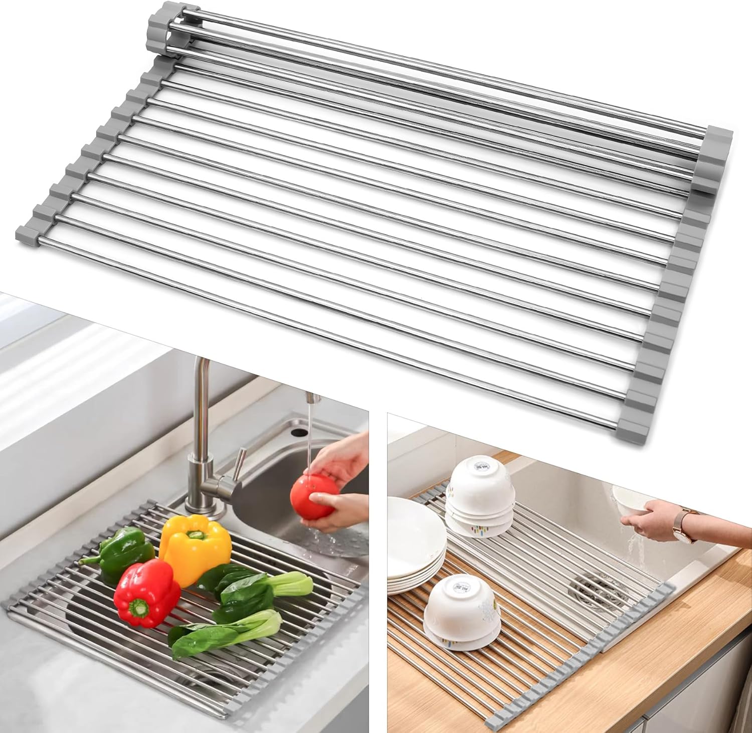 2 Pezzi Scolapiatti da Appoggio, Scolapiatti Pieghevole in Acciaio inox Sopra il Lavello della Cucina, Scolapiatti per Organizer Tappetino per Tazze, Spugne per Pulire,Frutta, Verdura(Grigio)