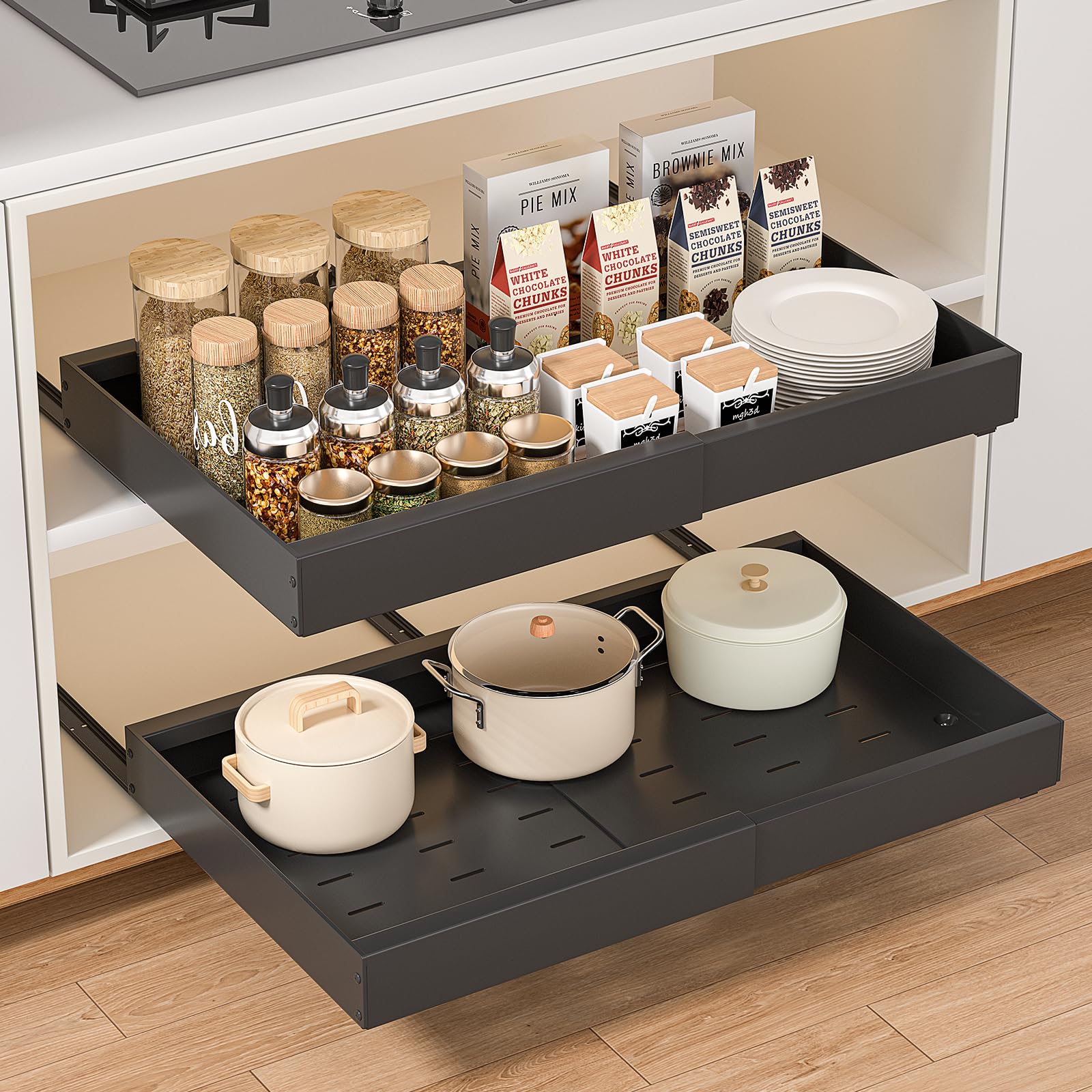 PNNP Cassetto Estraibile Cucina: Cassetti Telescopico Armadio - Cestelli Estraibili per Cucina a Larghezza Regolabile (32-53 cm L x 43 cm P x 7 cm A) - Nessuna Foratura | Bianco
