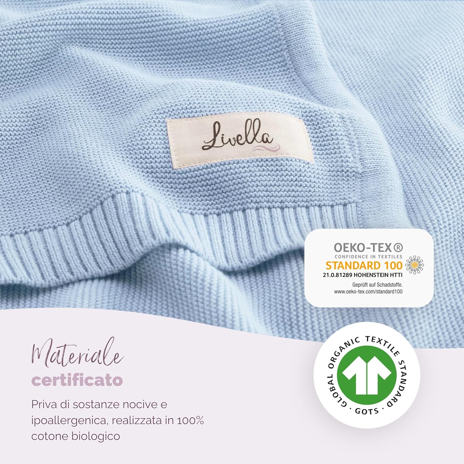 Livella Coperta per neonato e bambino cotone 100% biologico, coperta premium lavorata a maglia morbida e traspirante, ideale per la pelle delicata del bambino, OekoTEX Standard 100