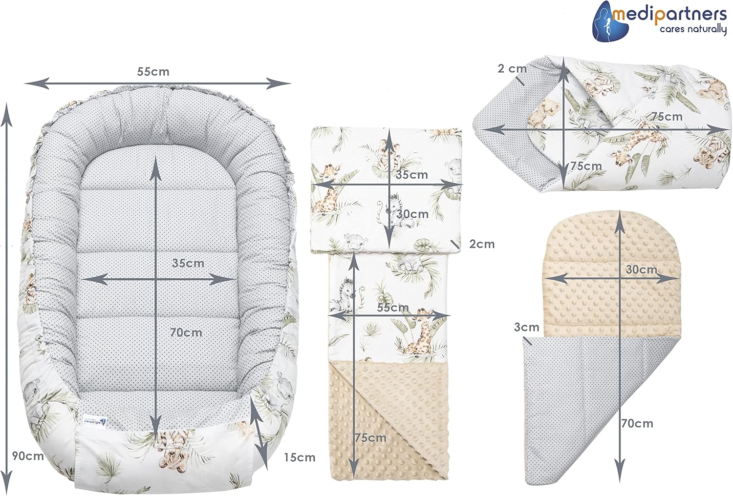 Medi Partners 5-Parti Nido per Bebè 100x60x15 Inserto Rimovibile Letto Cuscino Coperta bambini neonati 100% Cotone (Safari con Minky beige)