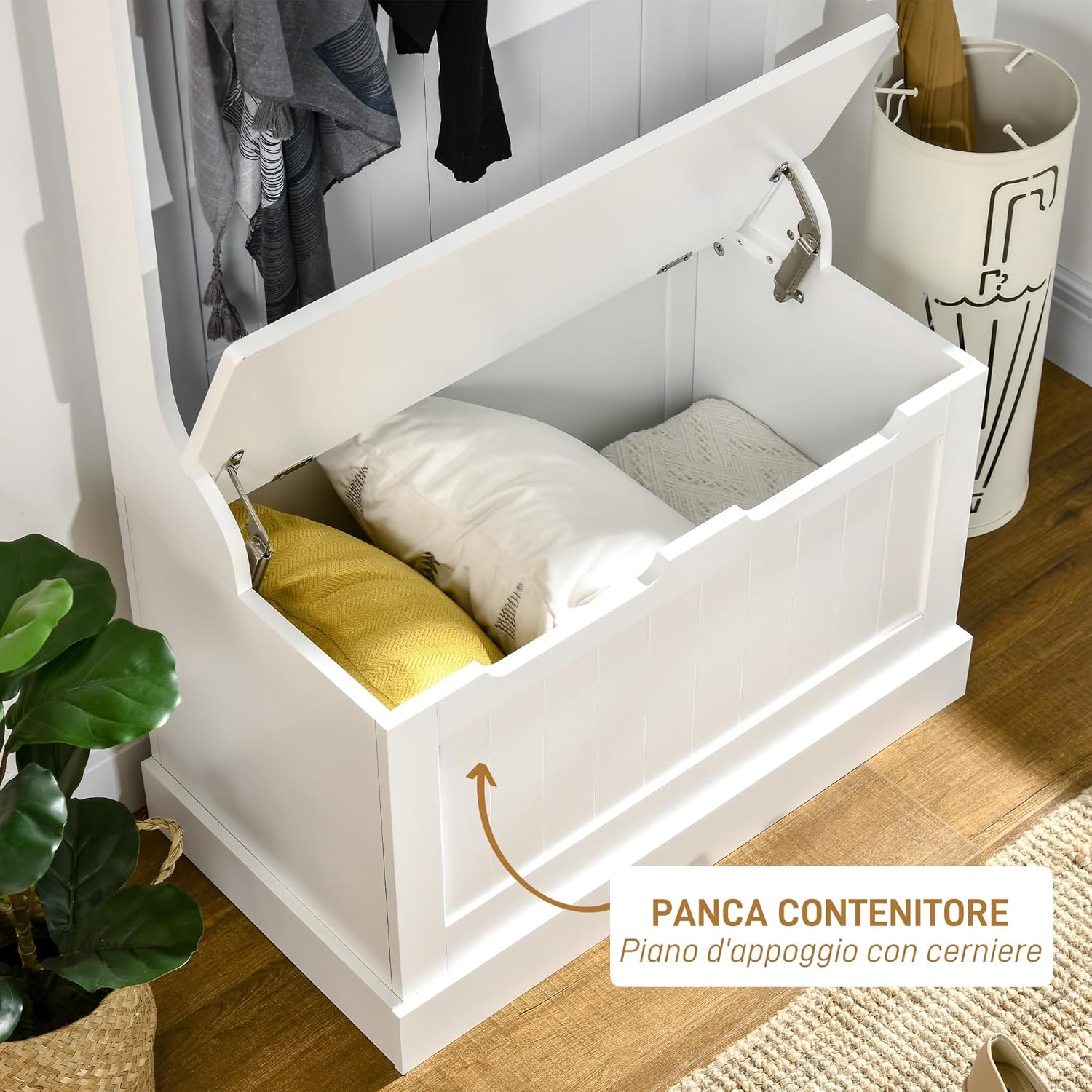 HOMCOM 3 in 1 Appendiabiti da Ingresso con Scarpiera, Attaccapanni da Terra Salvaspazio con 4 Ganci e Panca Contenitore, in MDF, per Corridoio, Camera da Letto, 71.5x39.5x170 cm, Bianco