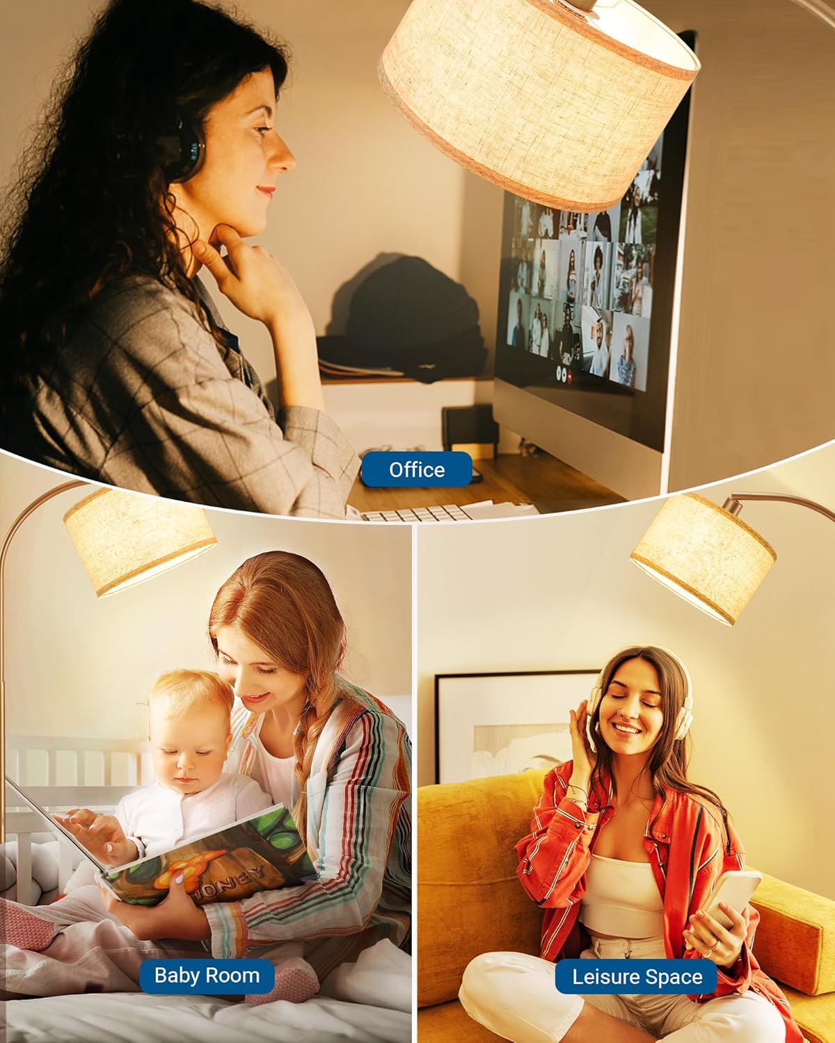 EDISHINE Lampada da terra per soggiorno, lampada ad arco con paralume in lino beige, lampada da terra dorata da 161 cm con paralume regolabile, attacco E27 (Lampadina fornita)