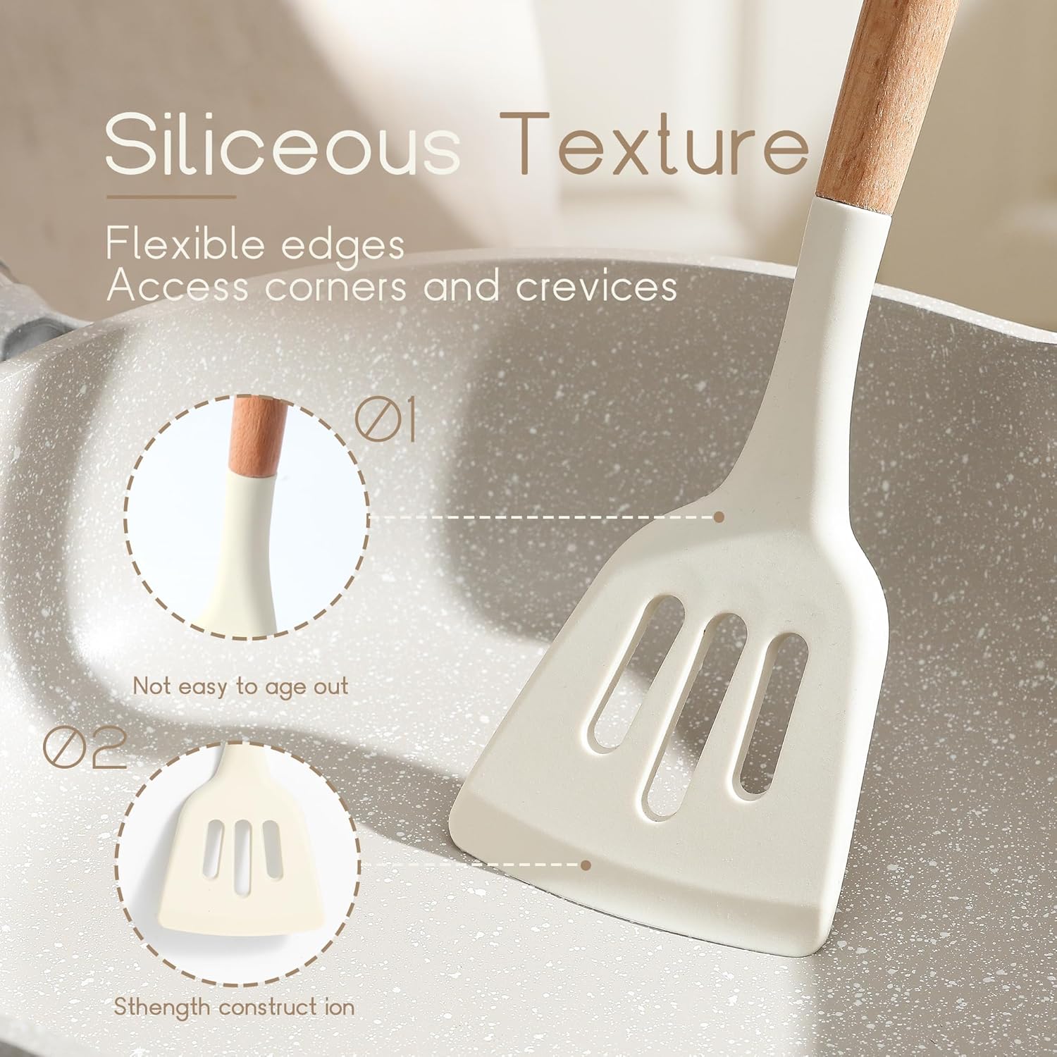 CAROTE Utensili Cucina Silicone 10 pezzi, Utensili da cucina antiaderenti resistenti al calore con manico,Cucchiai, palette e spatole in legno per cucinare,cuocere al forno, senza BPA, Lavastoviglie