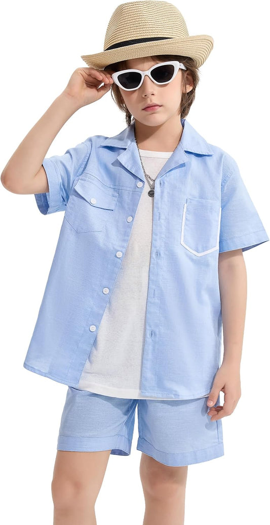 LOLANTA Set 2 Pezzi Abbigliamento Estivo Bambino, Camicia a Maniche Corte con Bottoni e Pantaloncini in Lino e Cotone, 5-12 Anni