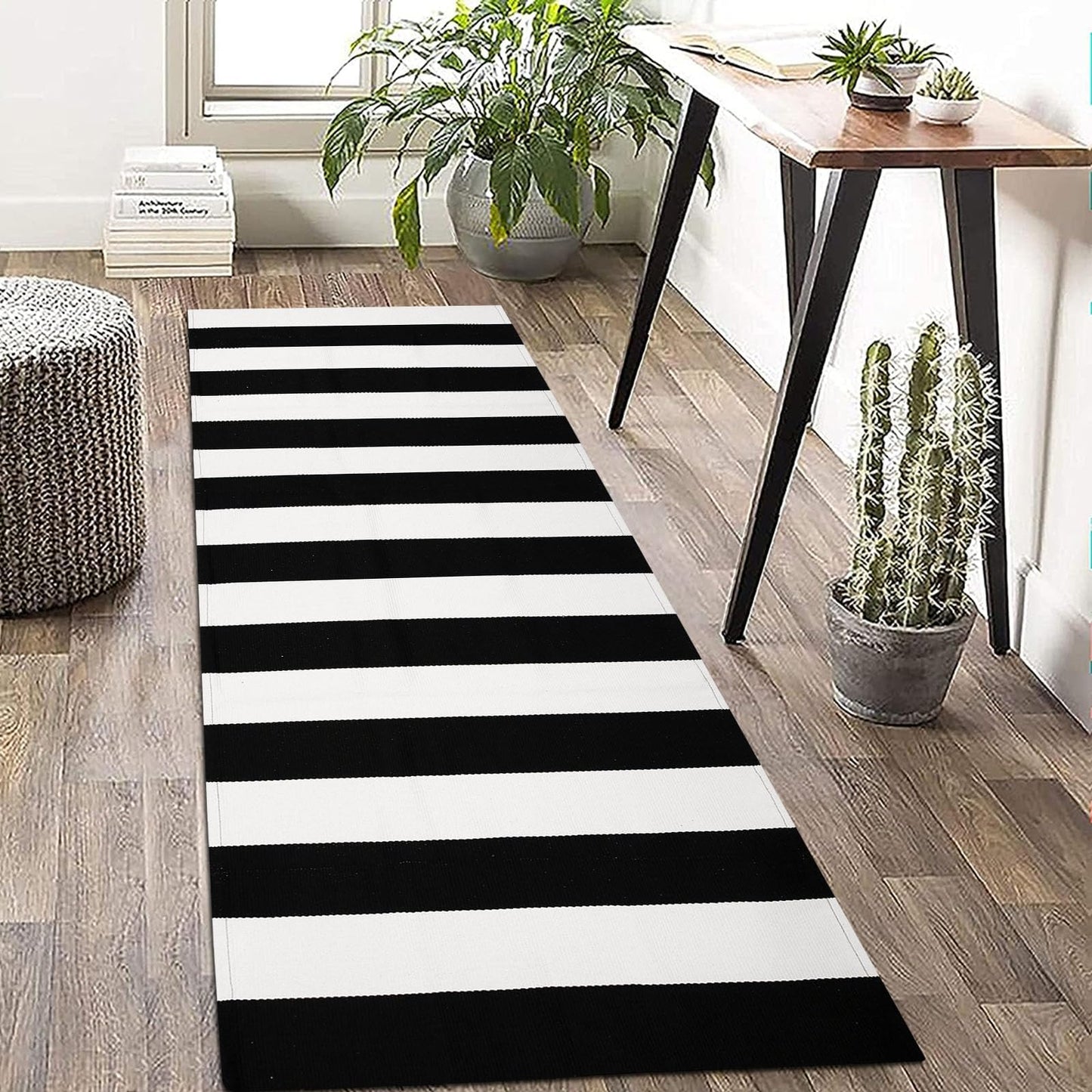 KOZYFLY Tappeto a righe bianche e nere, 60 x 90 cm, in cotone, lavabile, per interni ed esterni, per portico, cucina, fattoria