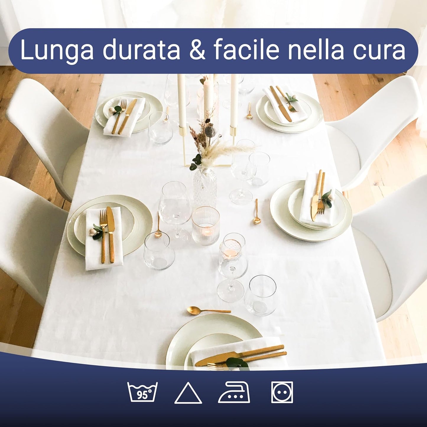 Tovaglia elegante in 140x240 cm (dopo il primo lavaggio) - Copritavola robusto e di lunga durata in cotone - lucentezza di seta con bordatura - lavabile a 95°C - bianca