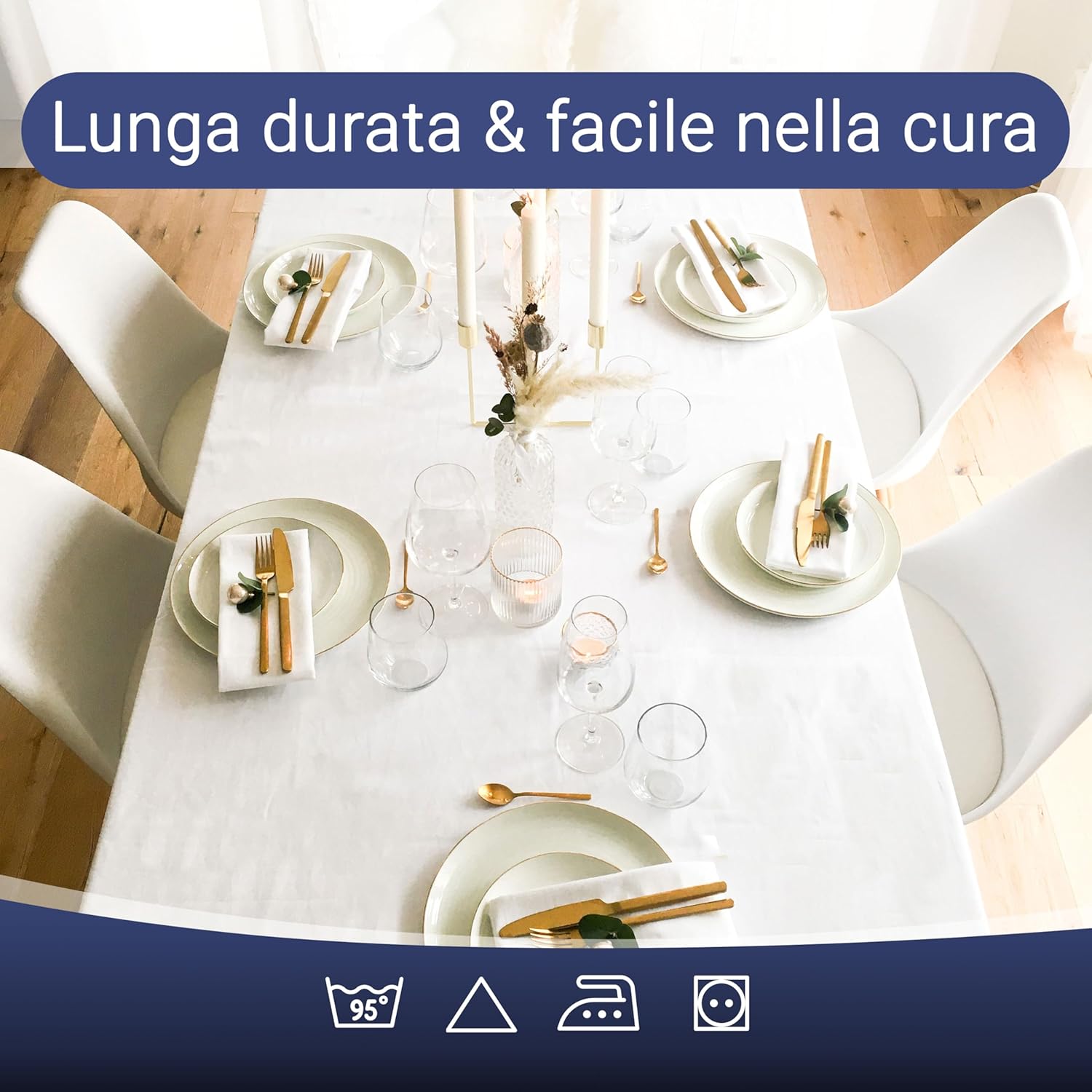 Tovaglia elegante in 140x240 cm (dopo il primo lavaggio) - Copritavola robusto e di lunga durata in cotone - lucentezza di seta con bordatura - lavabile a 95°C - bianca