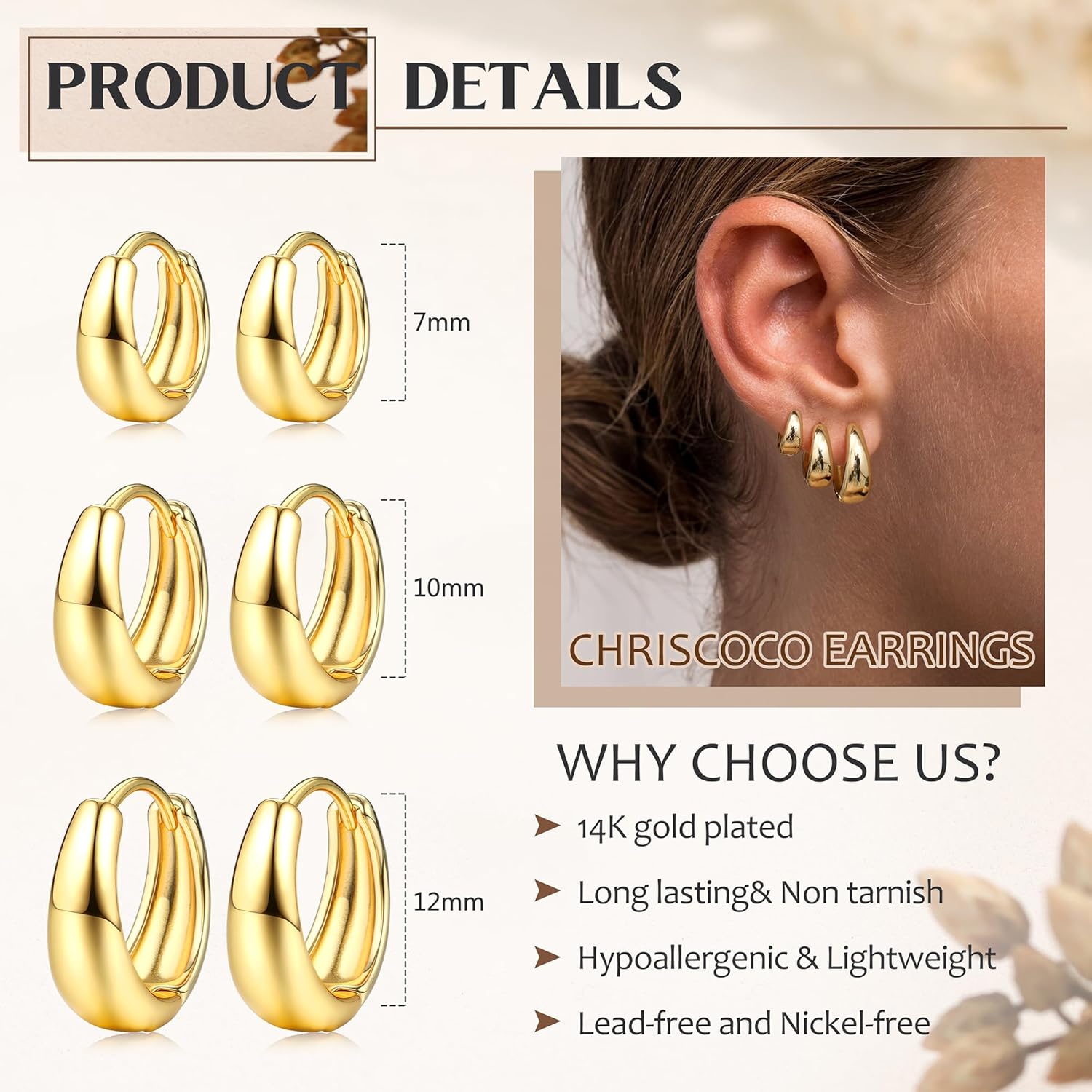 Chriscoco 3 Paia Orecchini Cerchio Donna Orecchini Cerchio Oro Placcato 14K Orecchini Cerchio Argento Ipoallergenico Orecchini a Cerchio Piccoli per Fori Multipli