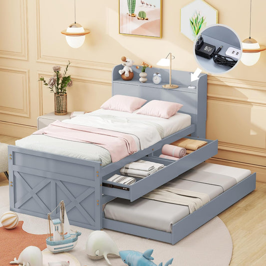 Letto singolo 90 x 190 cm, in legno di pino massiccio, multifunzione, con cassetto estraibile, rete a doghe, comodino con ripiani con presa USB, letto per ragazzi (grigio)
