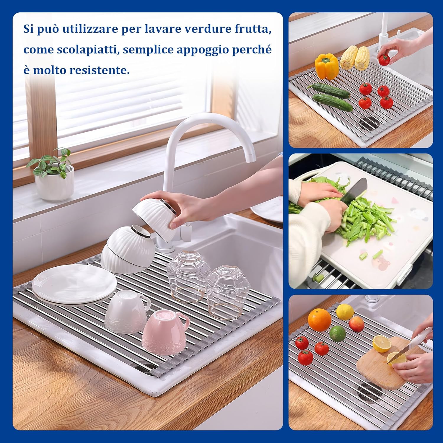 2 Pezzi Scolapiatti da Appoggio, Scolapiatti Pieghevole in Acciaio inox Sopra il Lavello della Cucina, Scolapiatti per Organizer Tappetino per Tazze, Spugne per Pulire,Frutta, Verdura(Grigio)
